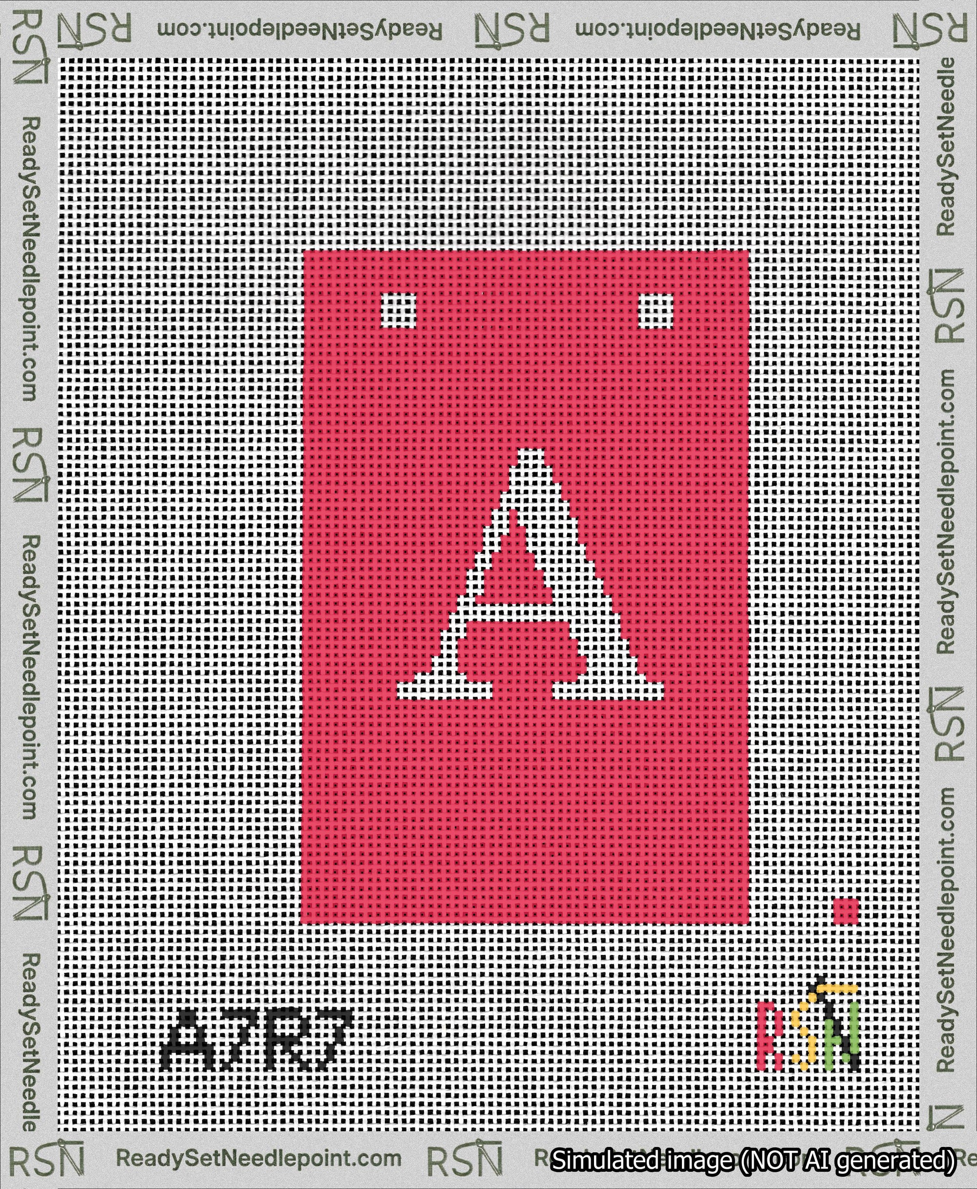 A taped needlepoint canvas with the design: Banner 13 mesh count Squared A White on Red.