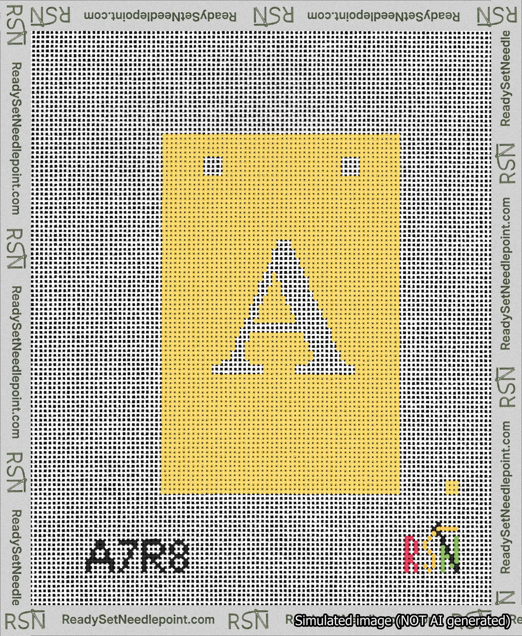 A taped needlepoint canvas with the design: Banner 13 mesh count Squared A White on Yellow.