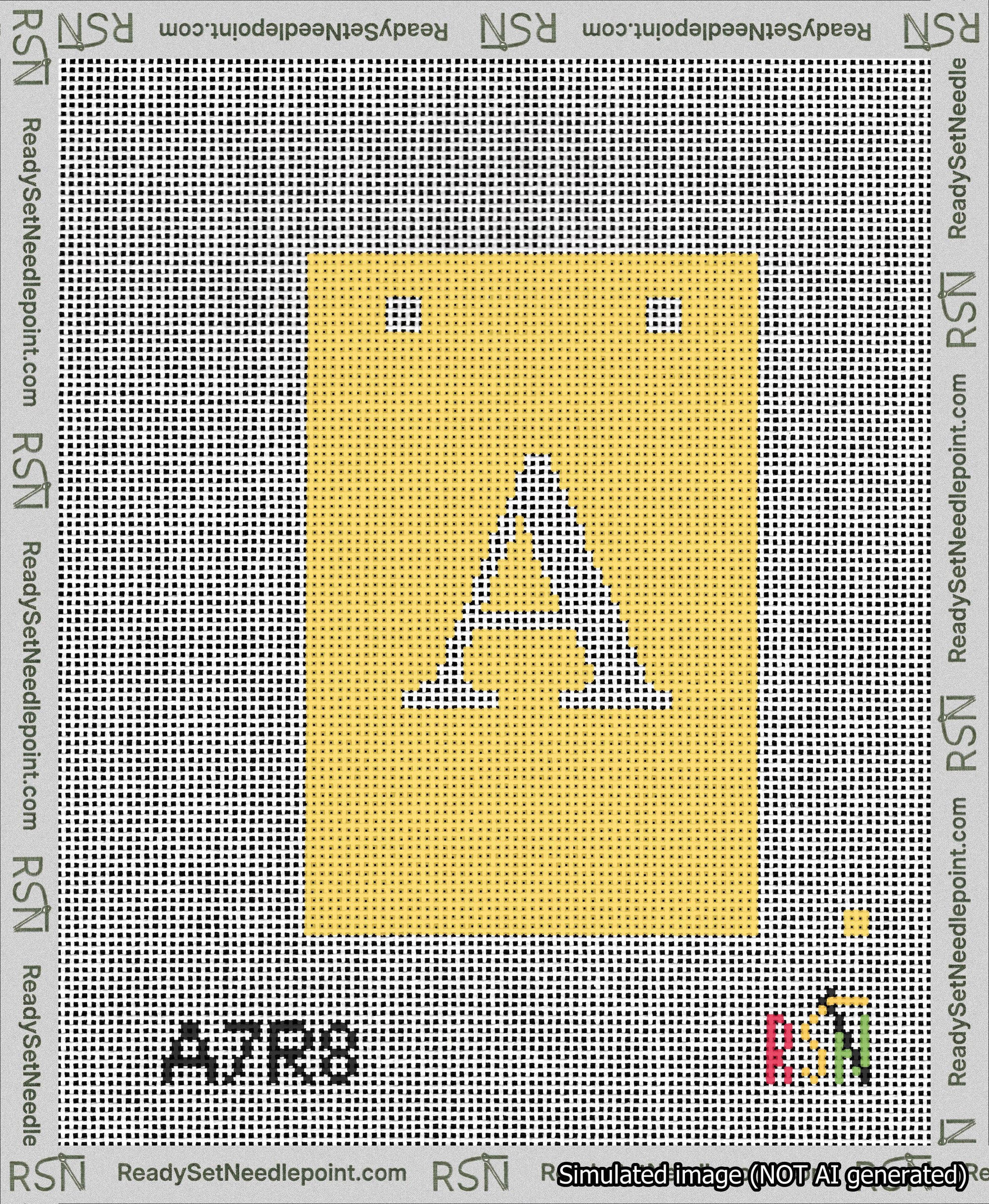 A taped needlepoint canvas with the design: Banner 13 mesh count Squared A White on Yellow.