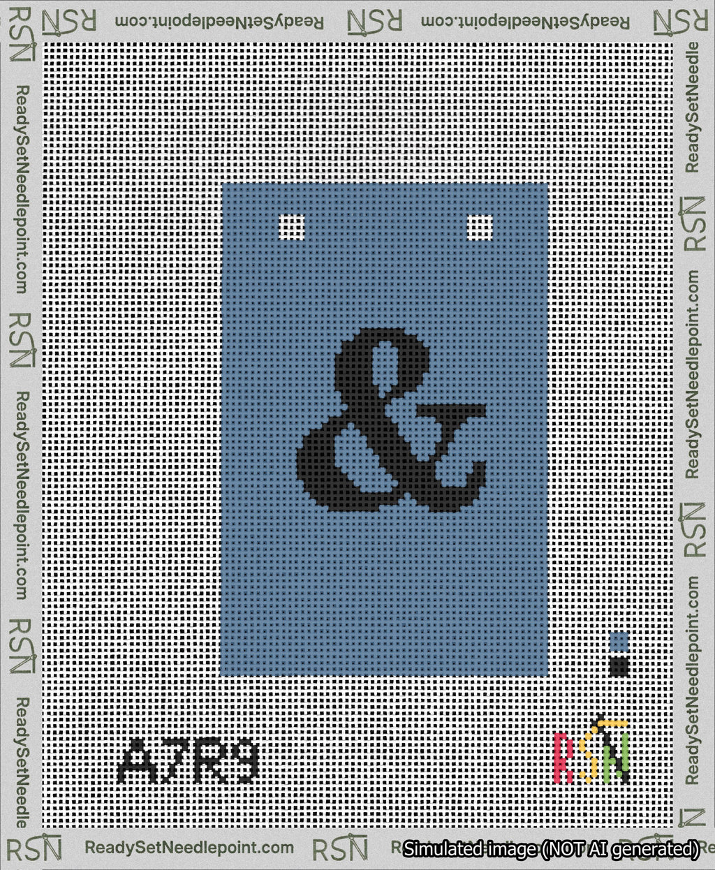 A taped needlepoint canvas with the design: Banner 13 mesh count Squared Ampersand Black on Blue.