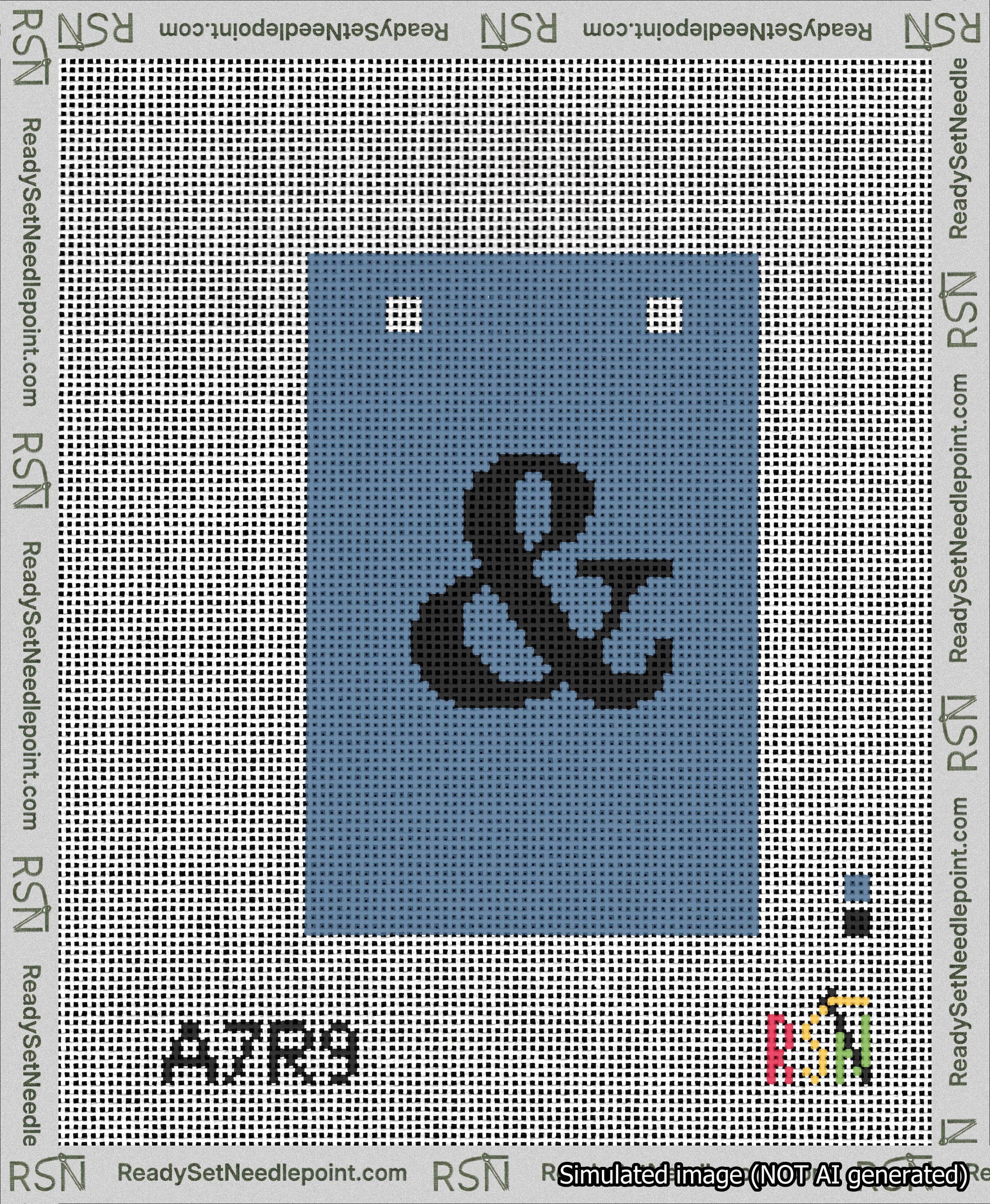 A taped needlepoint canvas with the design: Banner 13 mesh count Squared Ampersand Black on Blue.