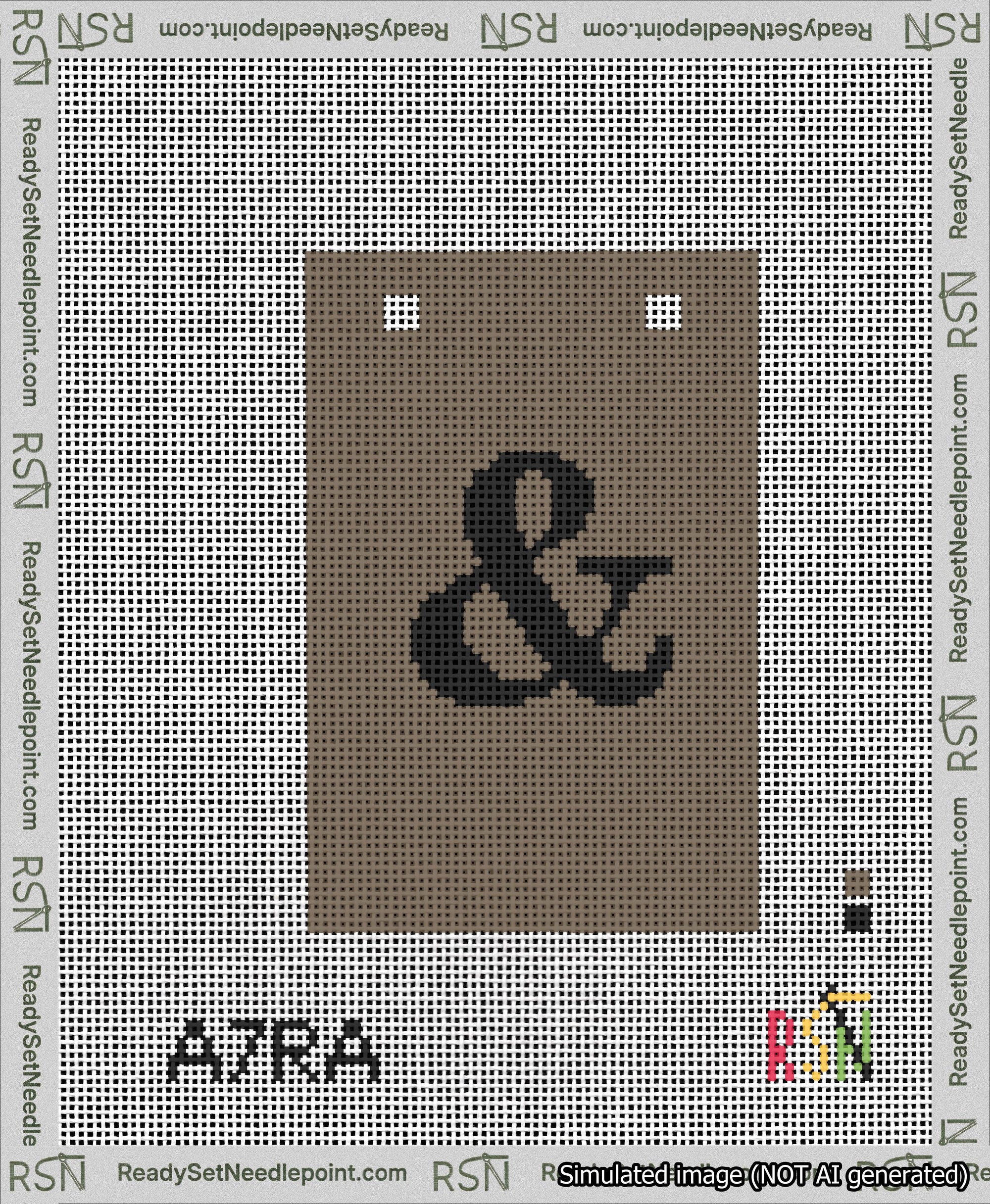 A taped needlepoint canvas with the design: Banner 13 mesh count Squared Ampersand Black on Brown.
