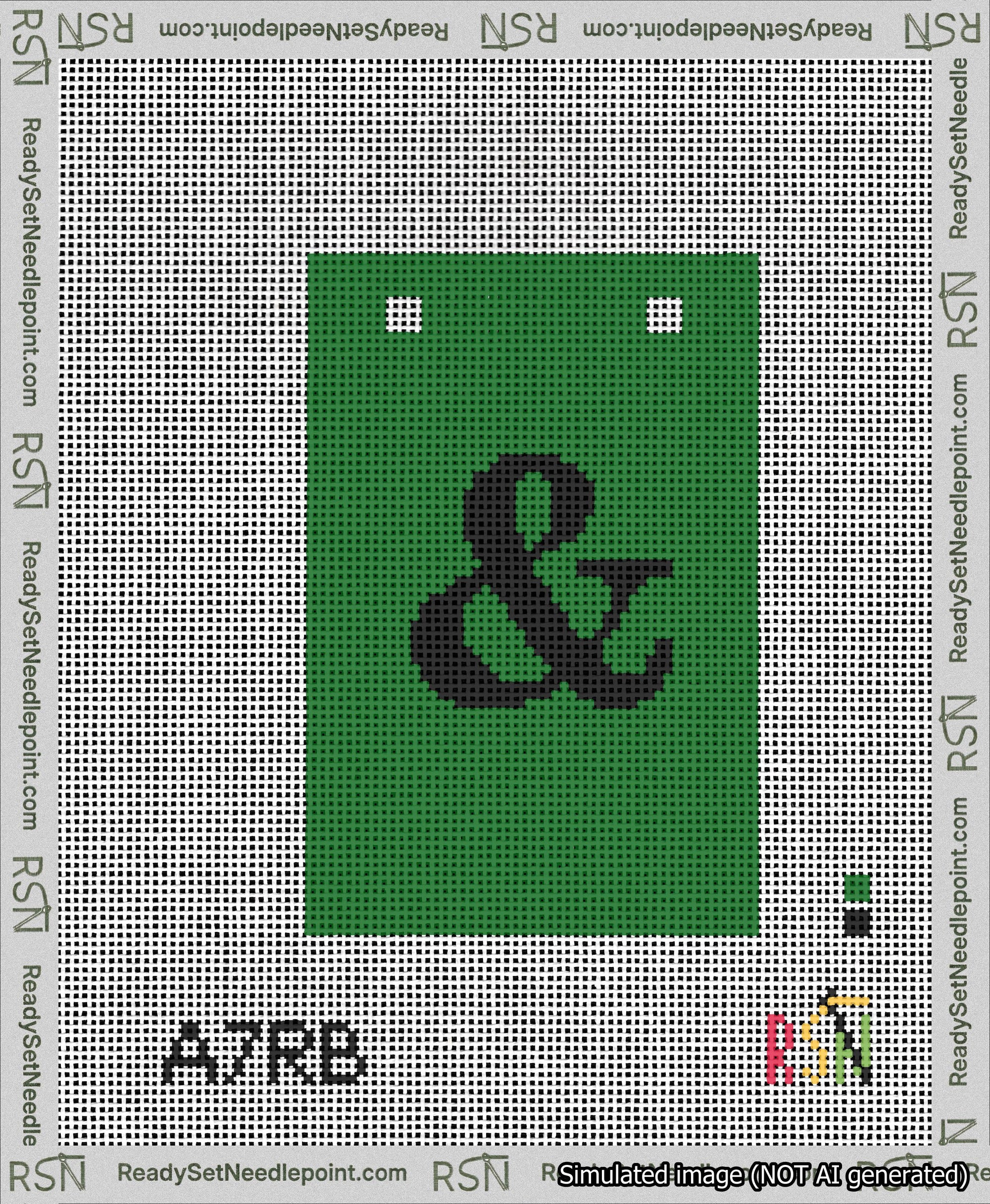 A taped needlepoint canvas with the design: Banner 13 mesh count Squared Ampersand Black on Green.