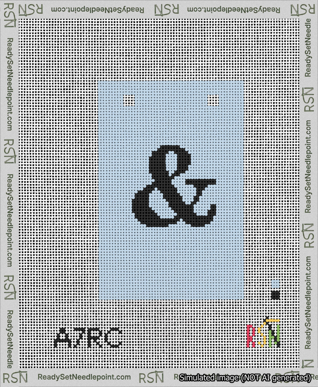 A taped needlepoint canvas with the design: Banner 13 mesh count Squared Ampersand Black on Light Blue.