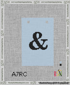 A taped needlepoint canvas with the design: Banner 13 mesh count Squared Ampersand Black on Light Blue.