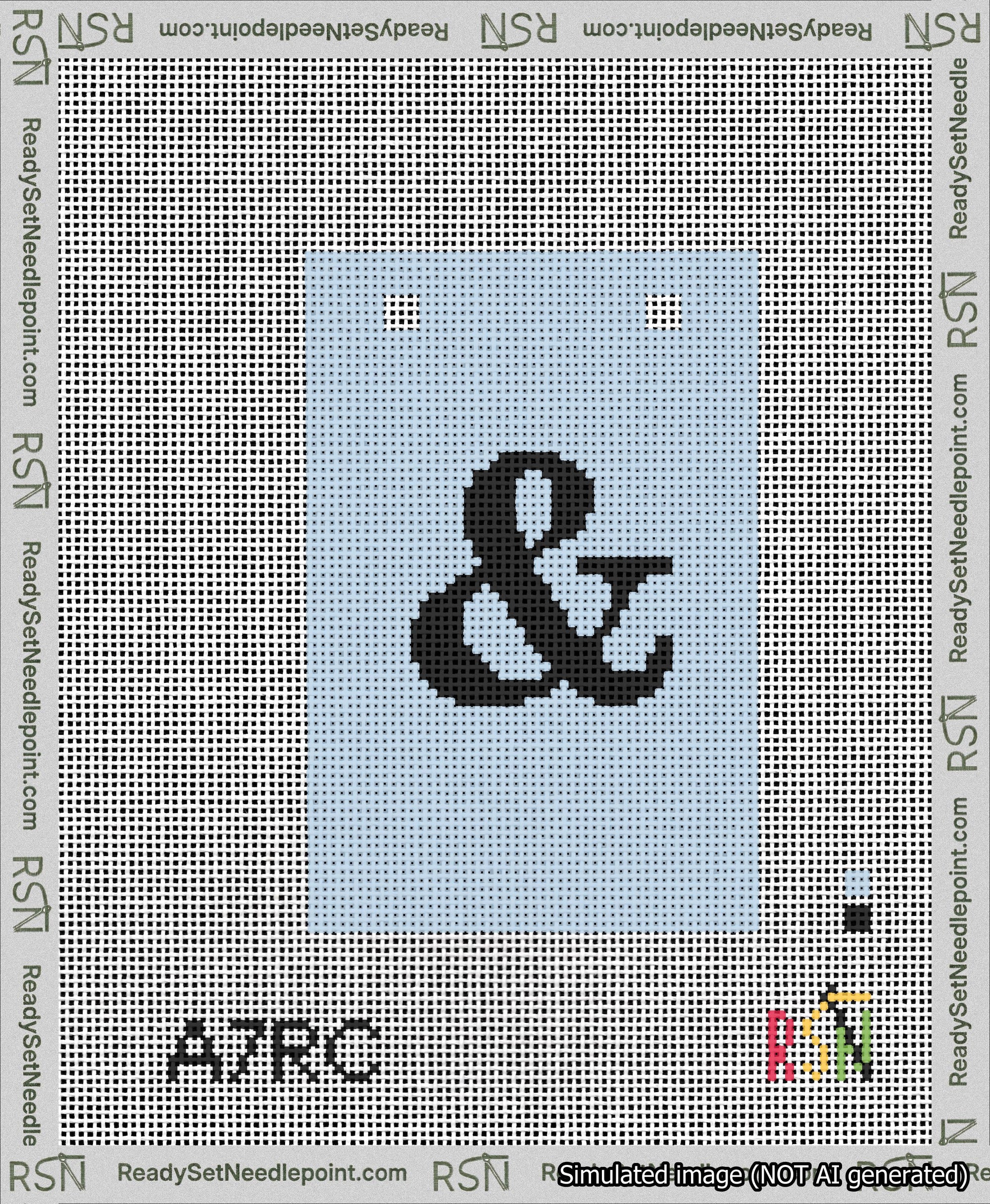 A taped needlepoint canvas with the design: Banner 13 mesh count Squared Ampersand Black on Light Blue.