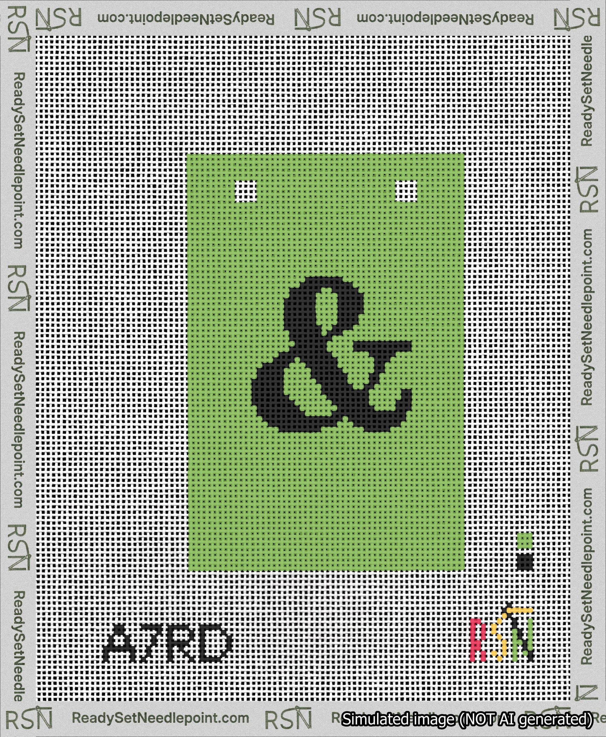 A taped needlepoint canvas with the design: Banner 13 mesh count Squared Ampersand Black on Light Green.