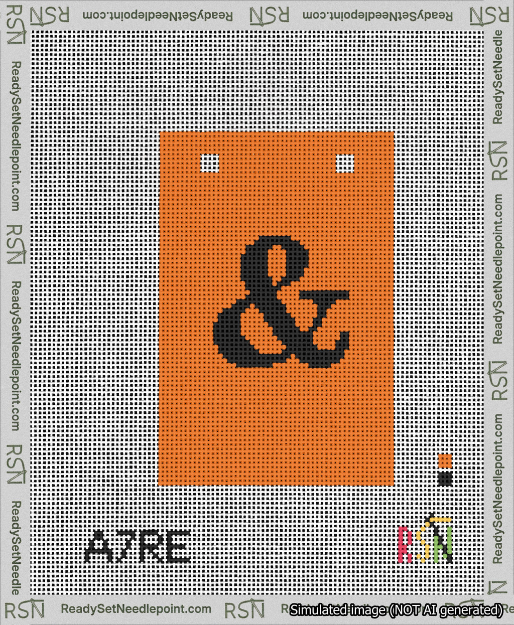 A taped needlepoint canvas with the design: Banner 13 mesh count Squared Ampersand Black on Orange.