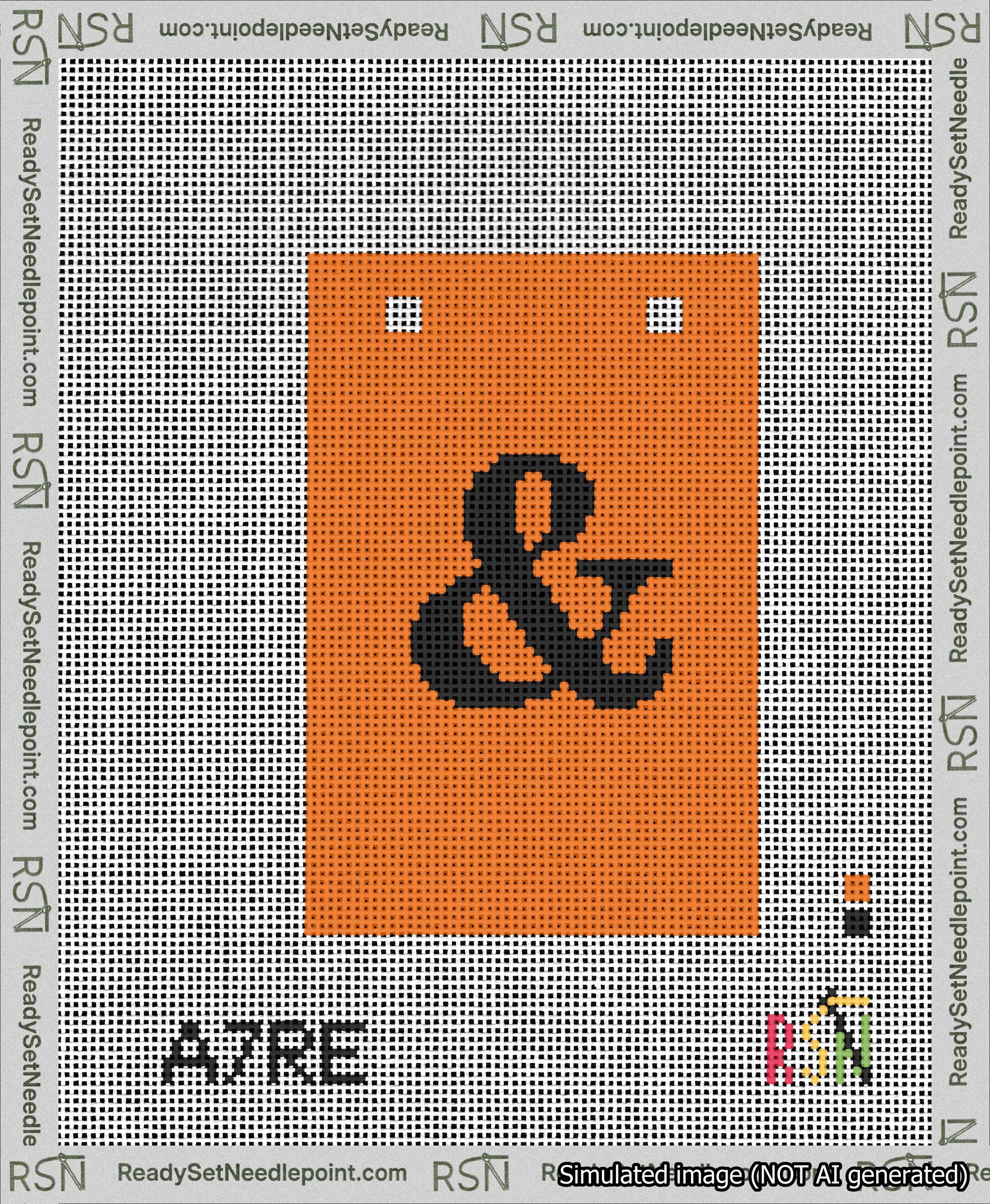 A taped needlepoint canvas with the design: Banner 13 mesh count Squared Ampersand Black on Orange.