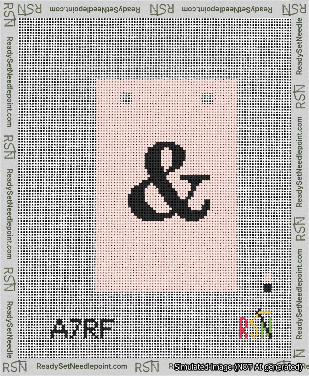 A taped needlepoint canvas with the design: Banner 13 mesh count Squared Ampersand Black on Pink.