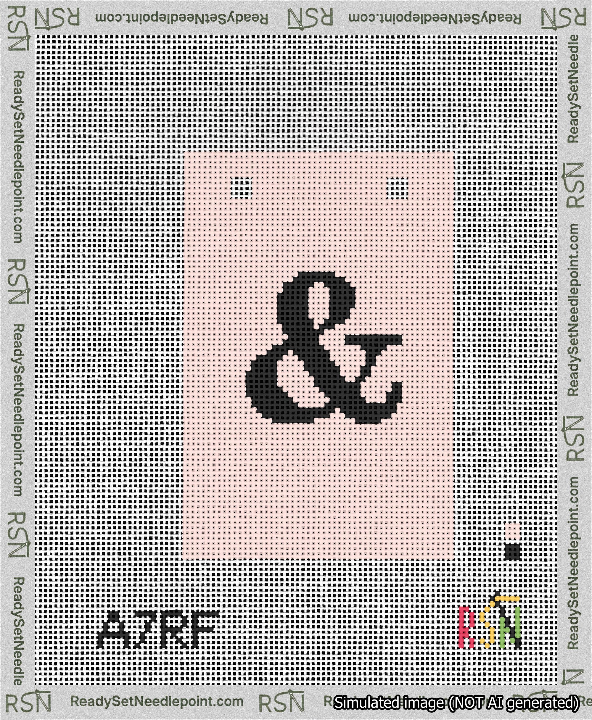 A taped needlepoint canvas with the design: Banner 13 mesh count Squared Ampersand Black on Pink.