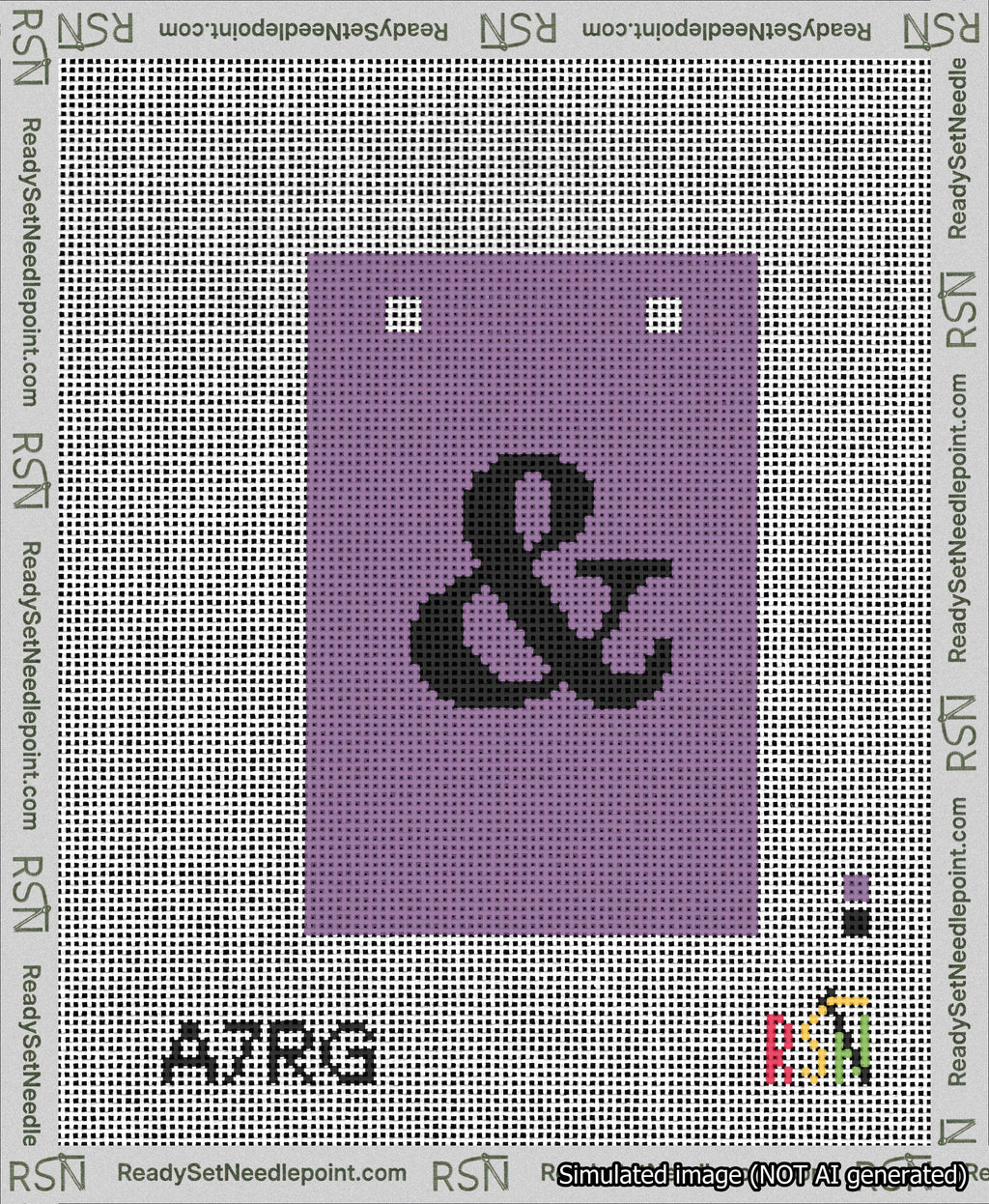A taped needlepoint canvas with the design: Banner 13 mesh count Squared Ampersand Black on Purple.