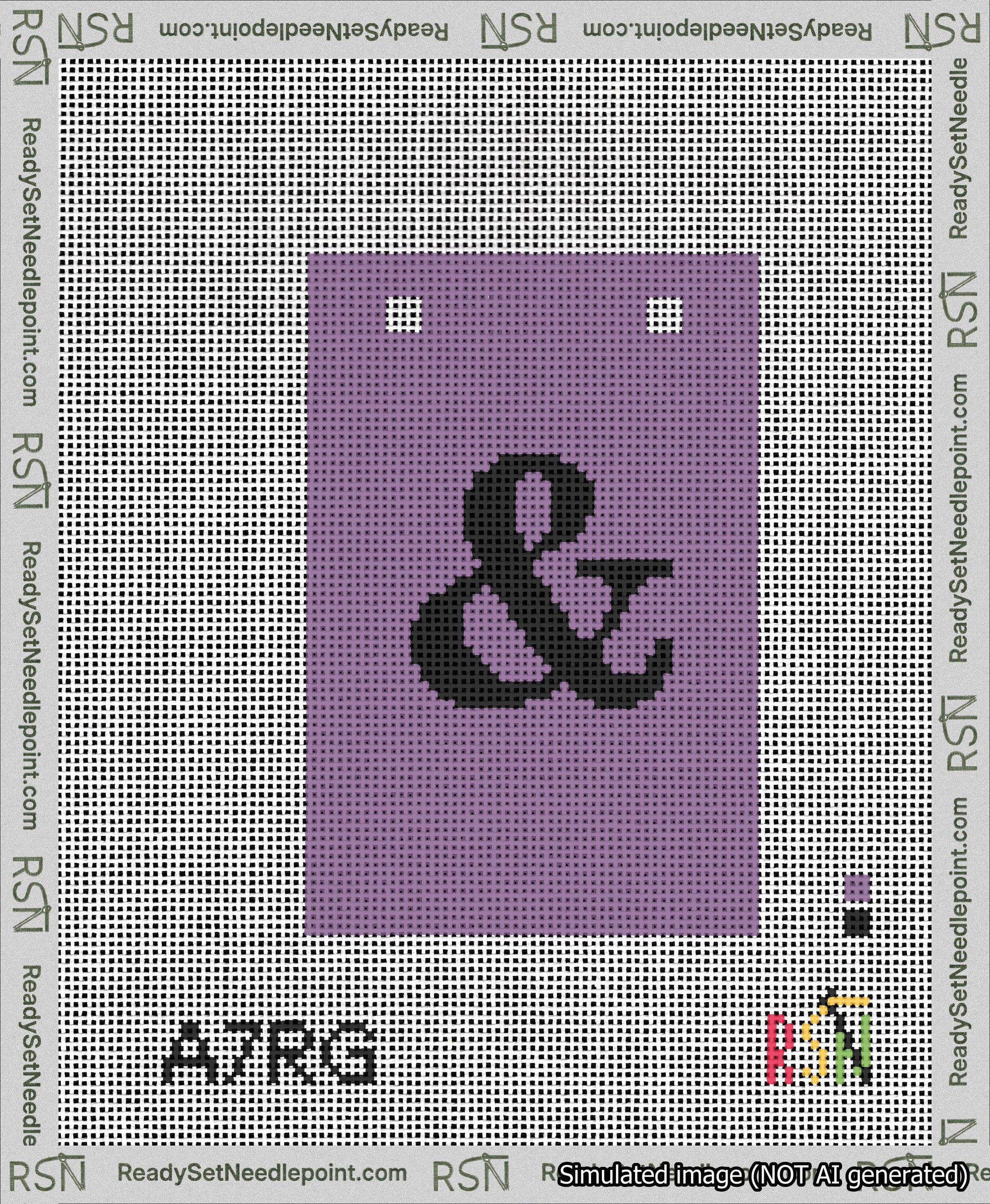 A taped needlepoint canvas with the design: Banner 13 mesh count Squared Ampersand Black on Purple.