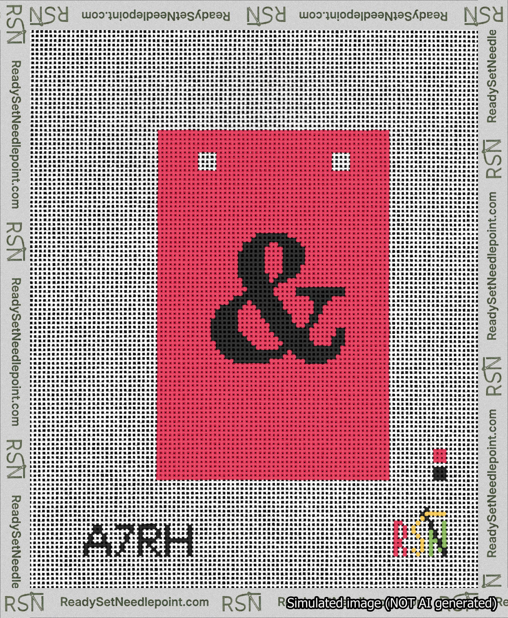 A taped needlepoint canvas with the design: Banner 13 mesh count Squared Ampersand Black on Red.