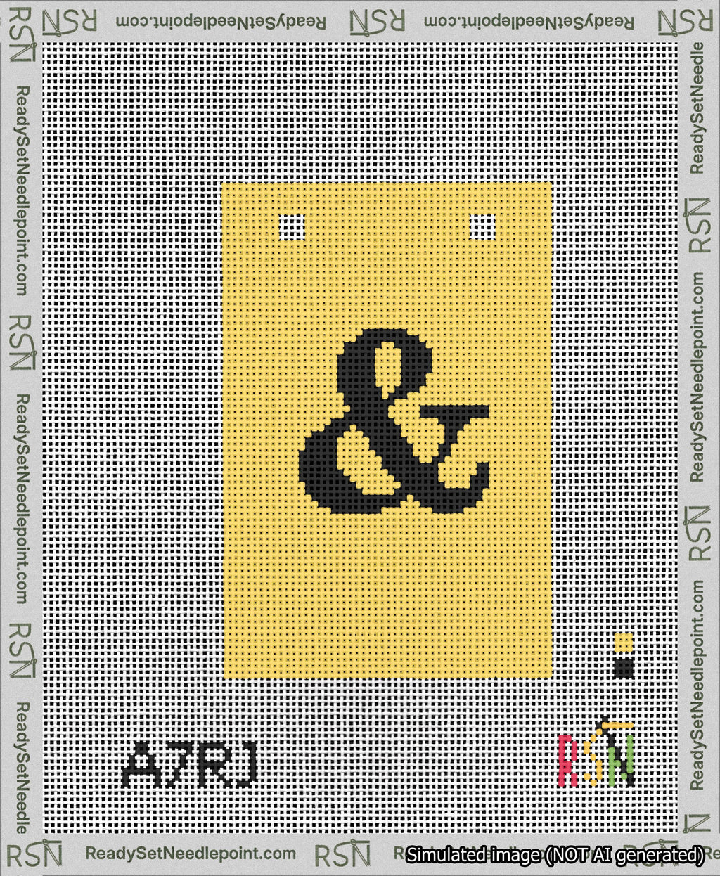 A taped needlepoint canvas with the design: Banner 13 mesh count Squared Ampersand Black on Yellow.