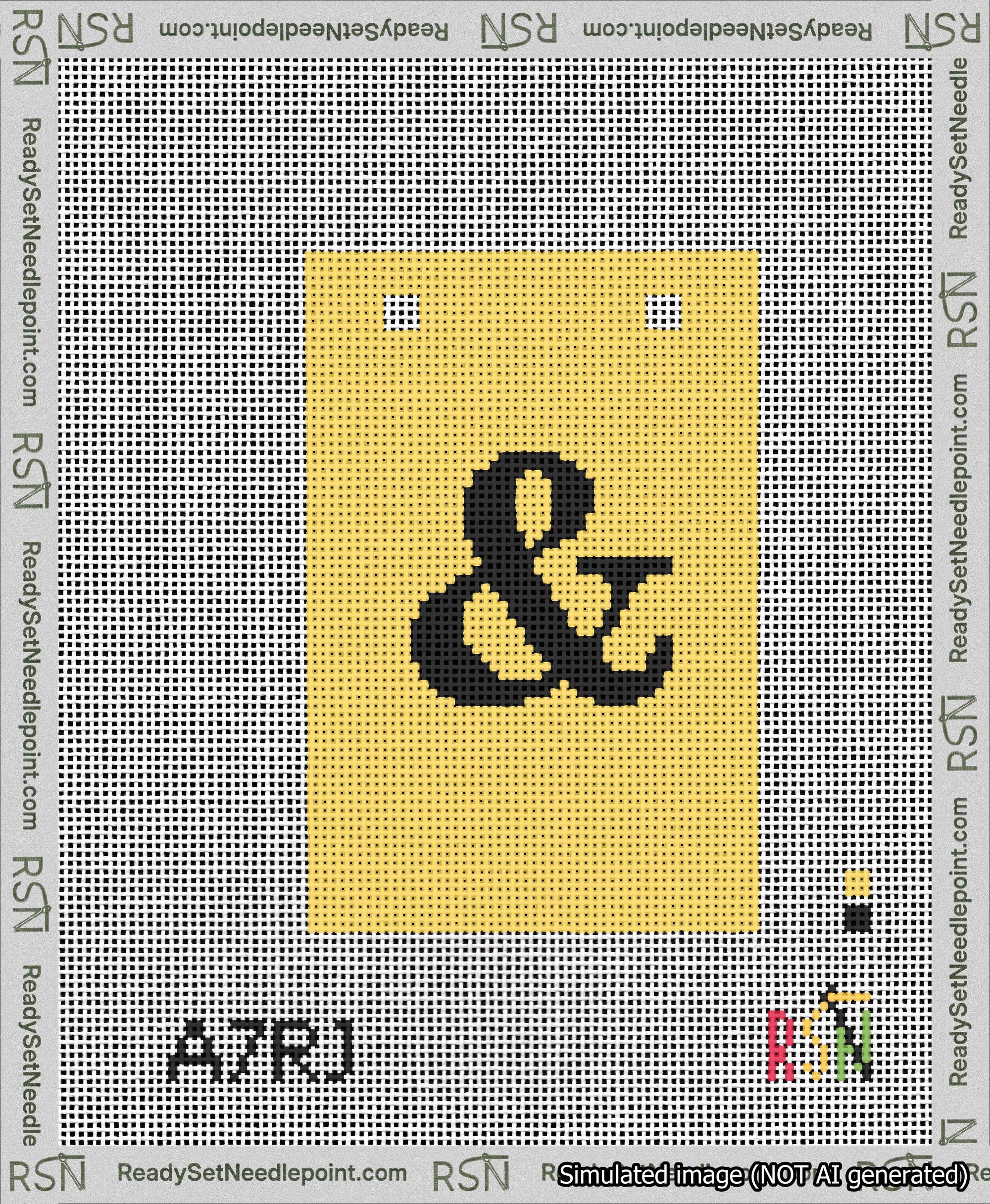 A taped needlepoint canvas with the design: Banner 13 mesh count Squared Ampersand Black on Yellow.