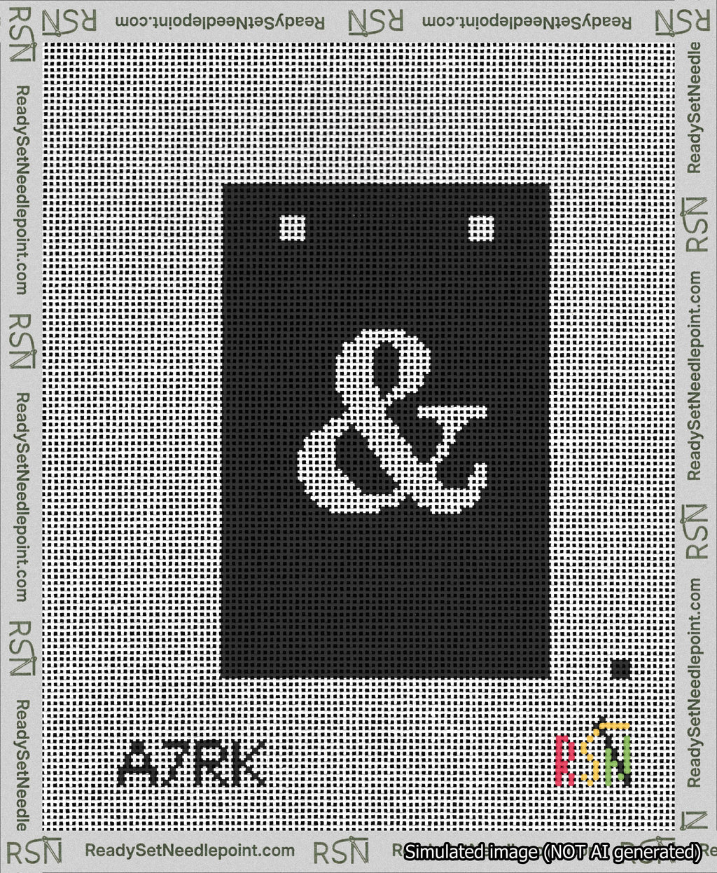 A taped needlepoint canvas with the design: Banner 13 mesh count Squared Ampersand White on Black.