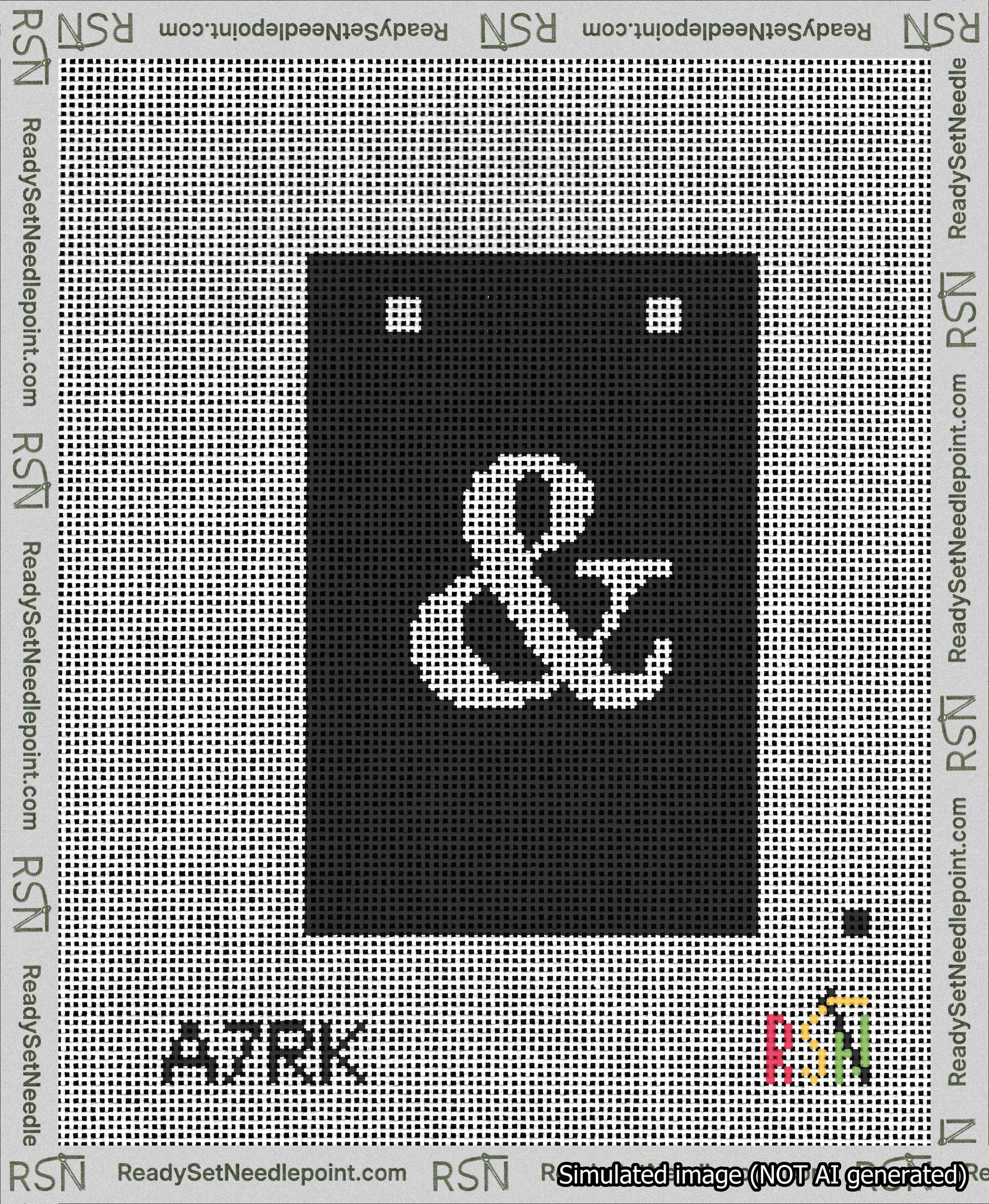A taped needlepoint canvas with the design: Banner 13 mesh count Squared Ampersand White on Black.