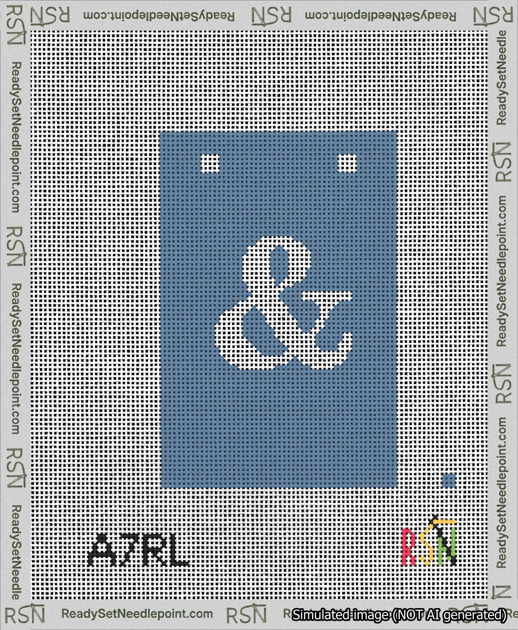 A taped needlepoint canvas with the design: Banner 13 mesh count Squared Ampersand White on Blue.