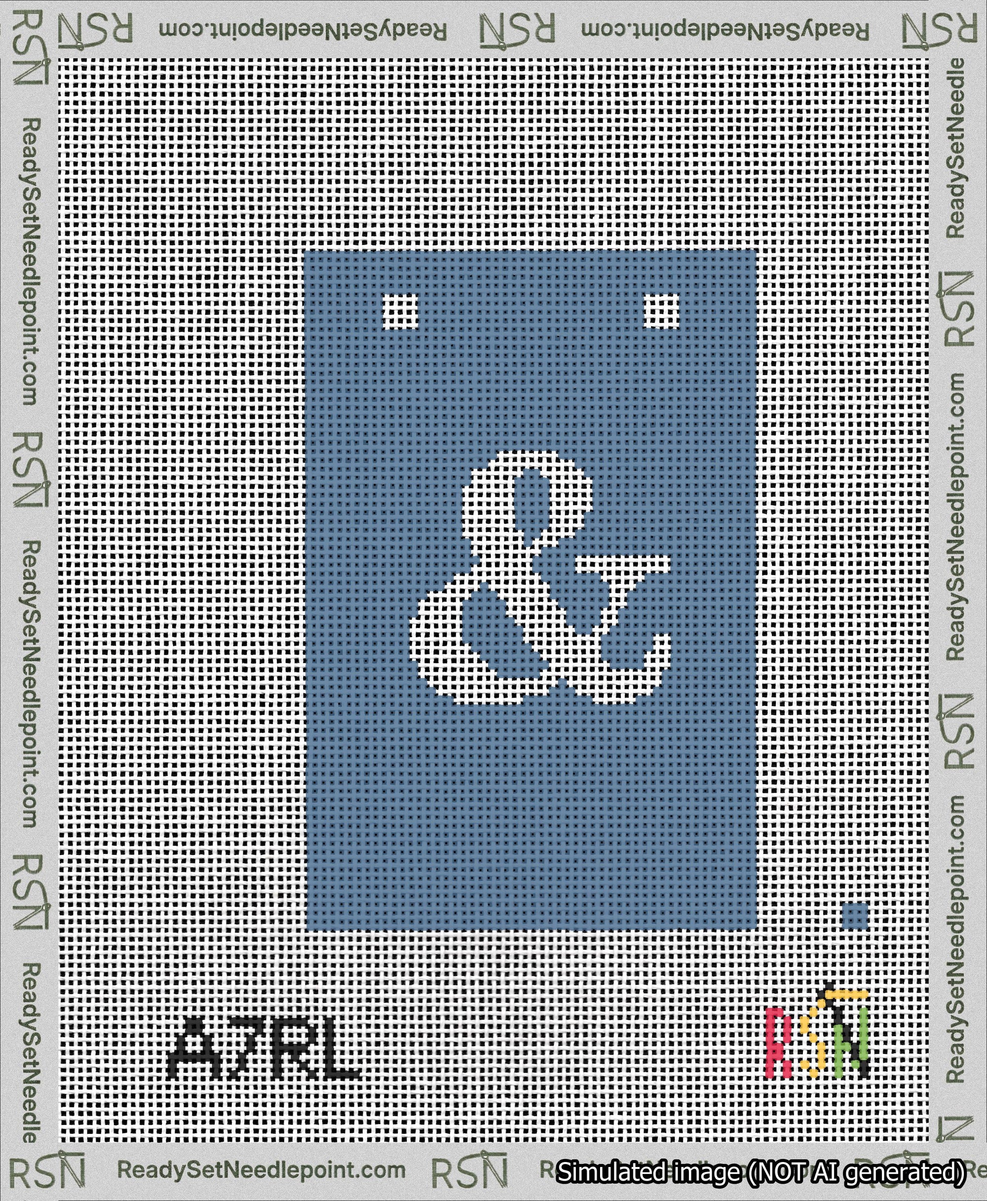 A taped needlepoint canvas with the design: Banner 13 mesh count Squared Ampersand White on Blue.