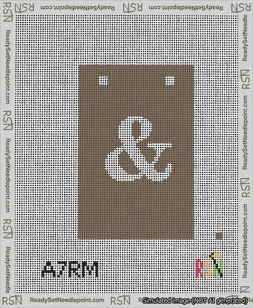 A taped needlepoint canvas with the design: Banner 13 mesh count Squared Ampersand White on Brown.