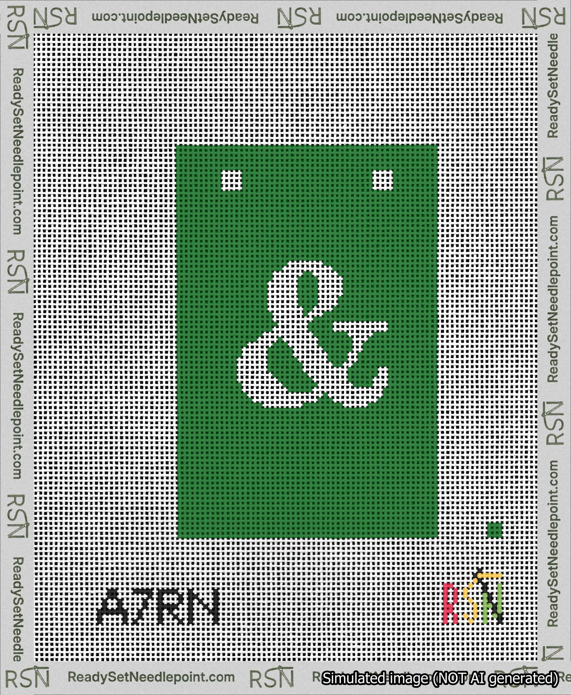 A taped needlepoint canvas with the design: Banner 13 mesh count Squared Ampersand White on Green.
