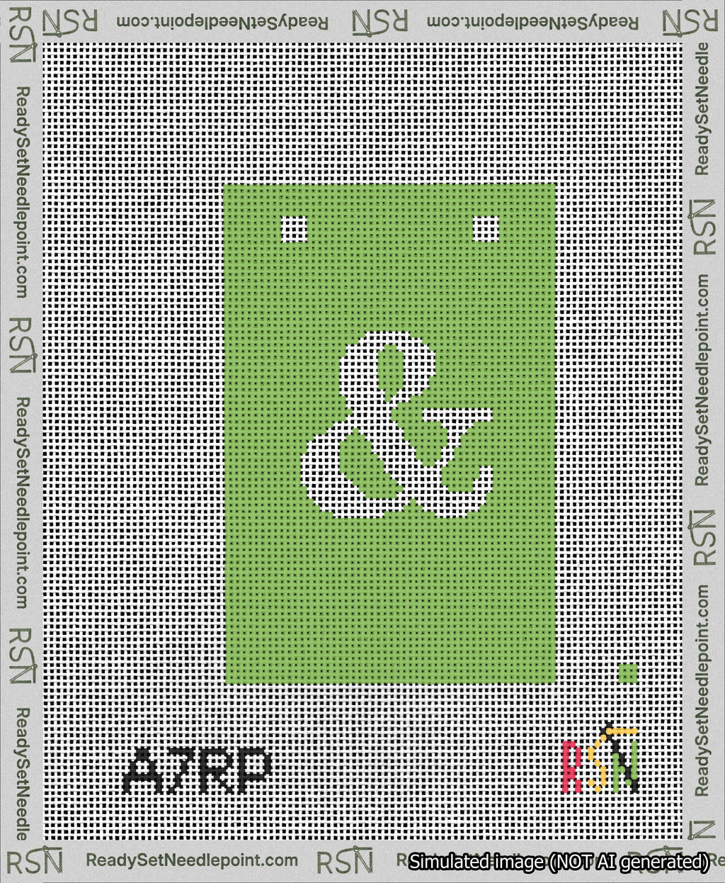A taped needlepoint canvas with the design: Banner 13 mesh count Squared Ampersand White on Light Green.