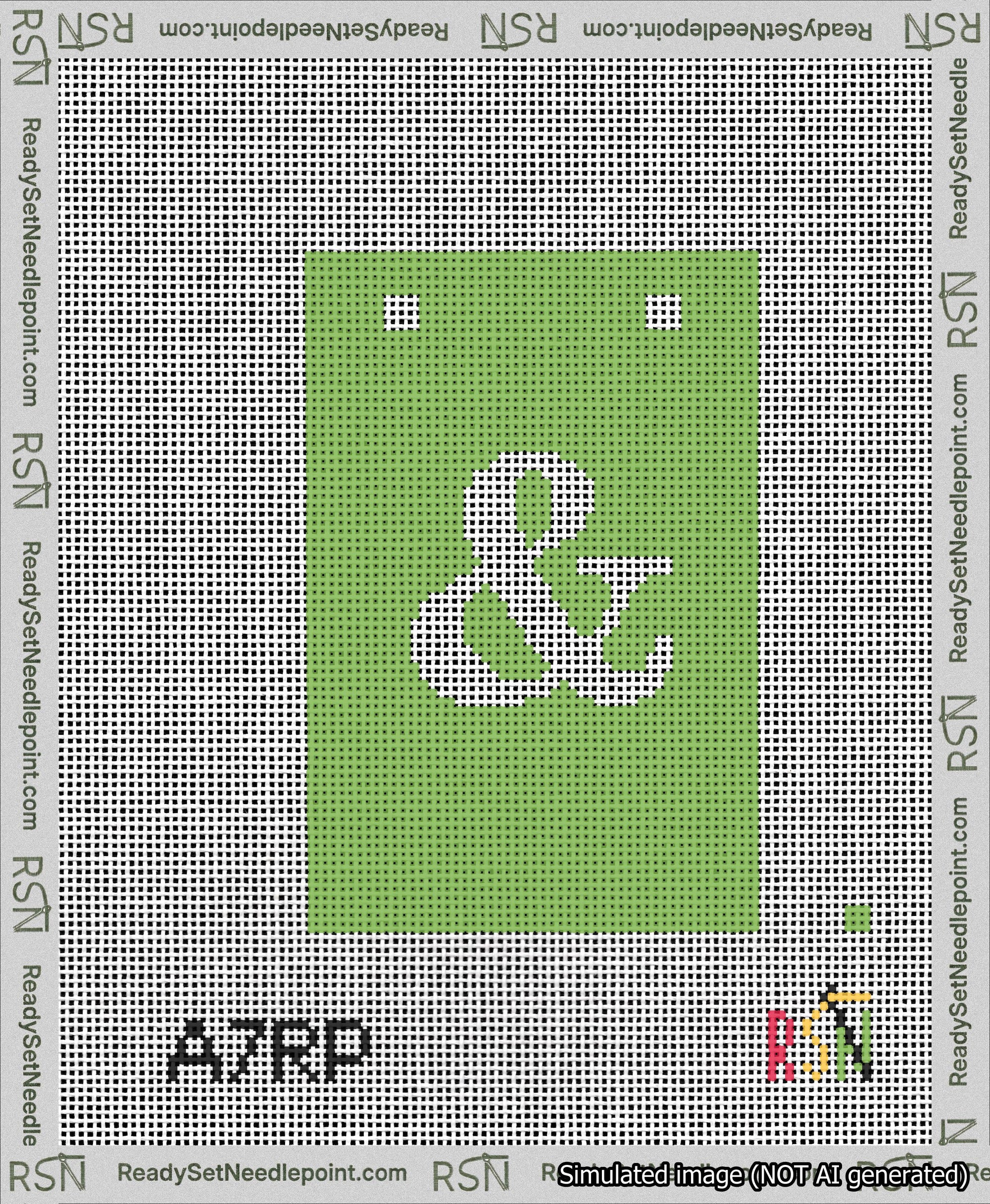 A taped needlepoint canvas with the design: Banner 13 mesh count Squared Ampersand White on Light Green.