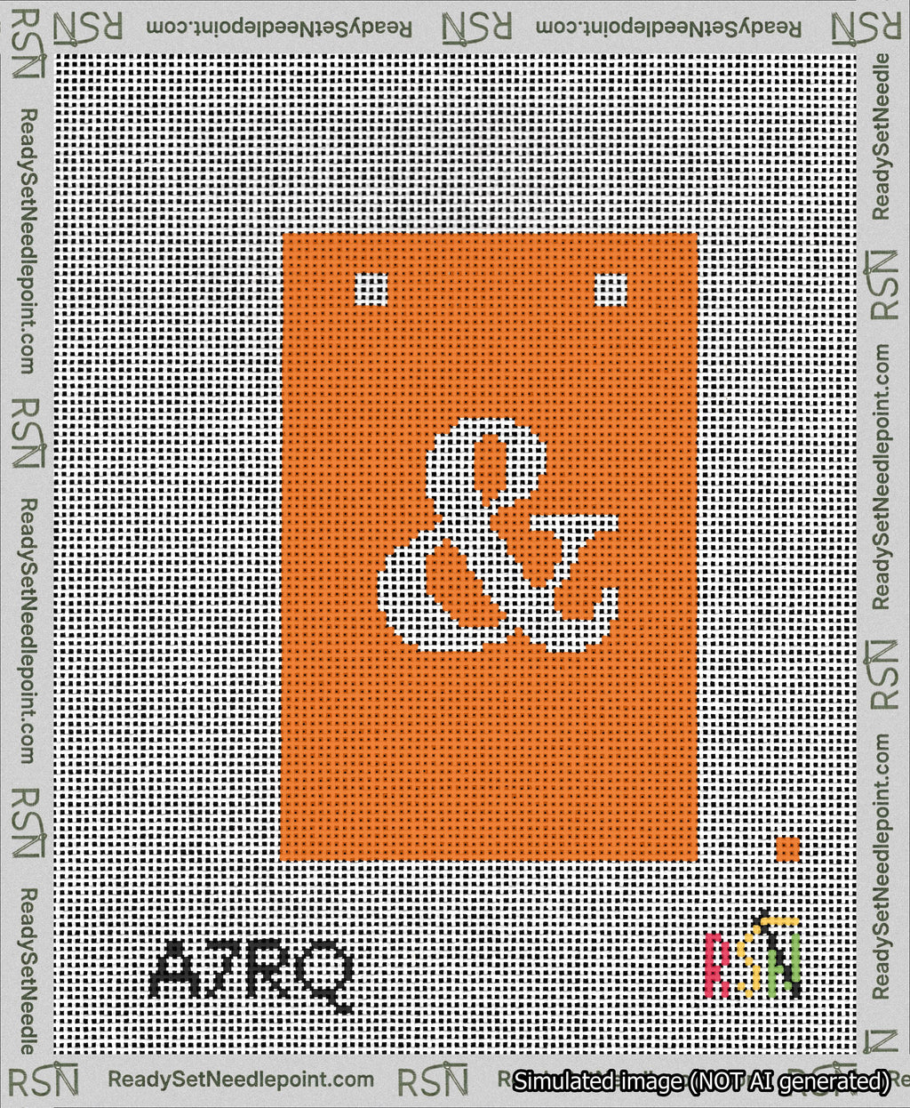 A taped needlepoint canvas with the design: Banner 13 mesh count Squared Ampersand White on Orange.