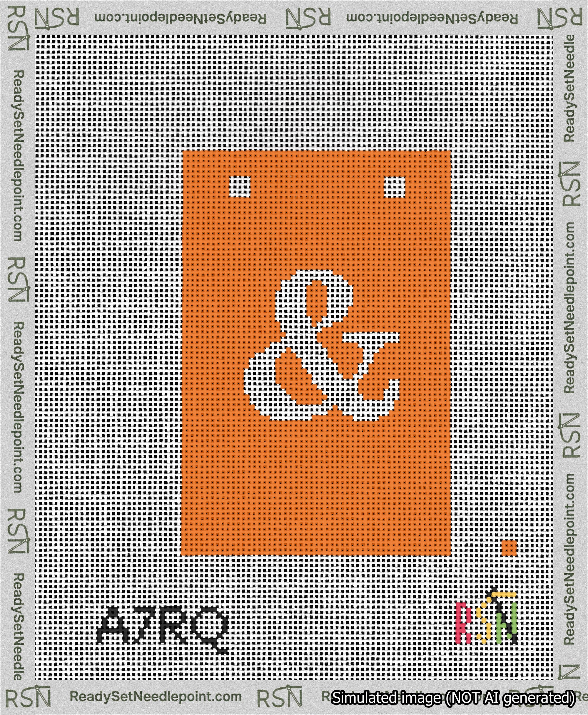 A taped needlepoint canvas with the design: Banner 13 mesh count Squared Ampersand White on Orange.