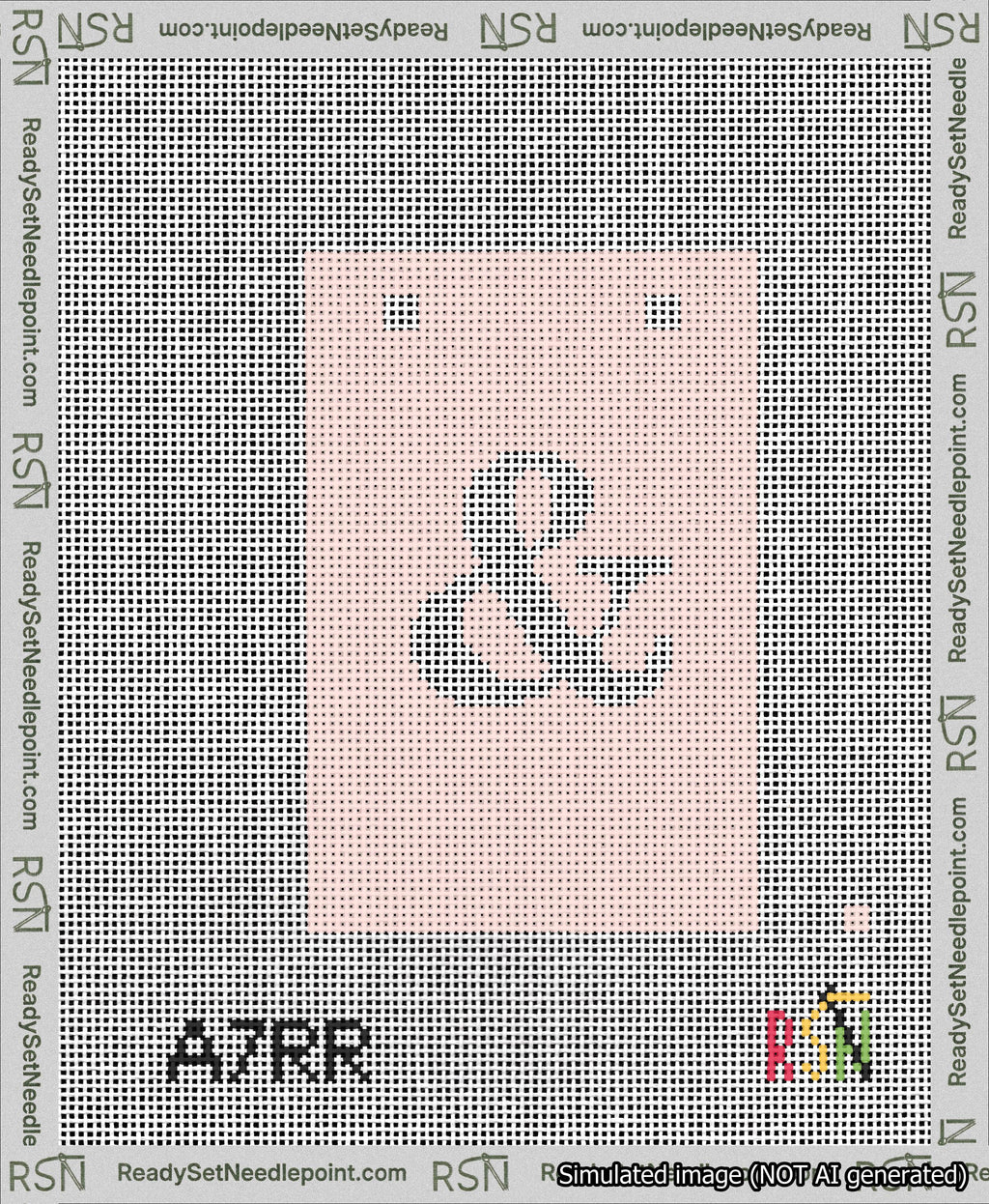 A taped needlepoint canvas with the design: Banner 13 mesh count Squared Ampersand White on Pink.