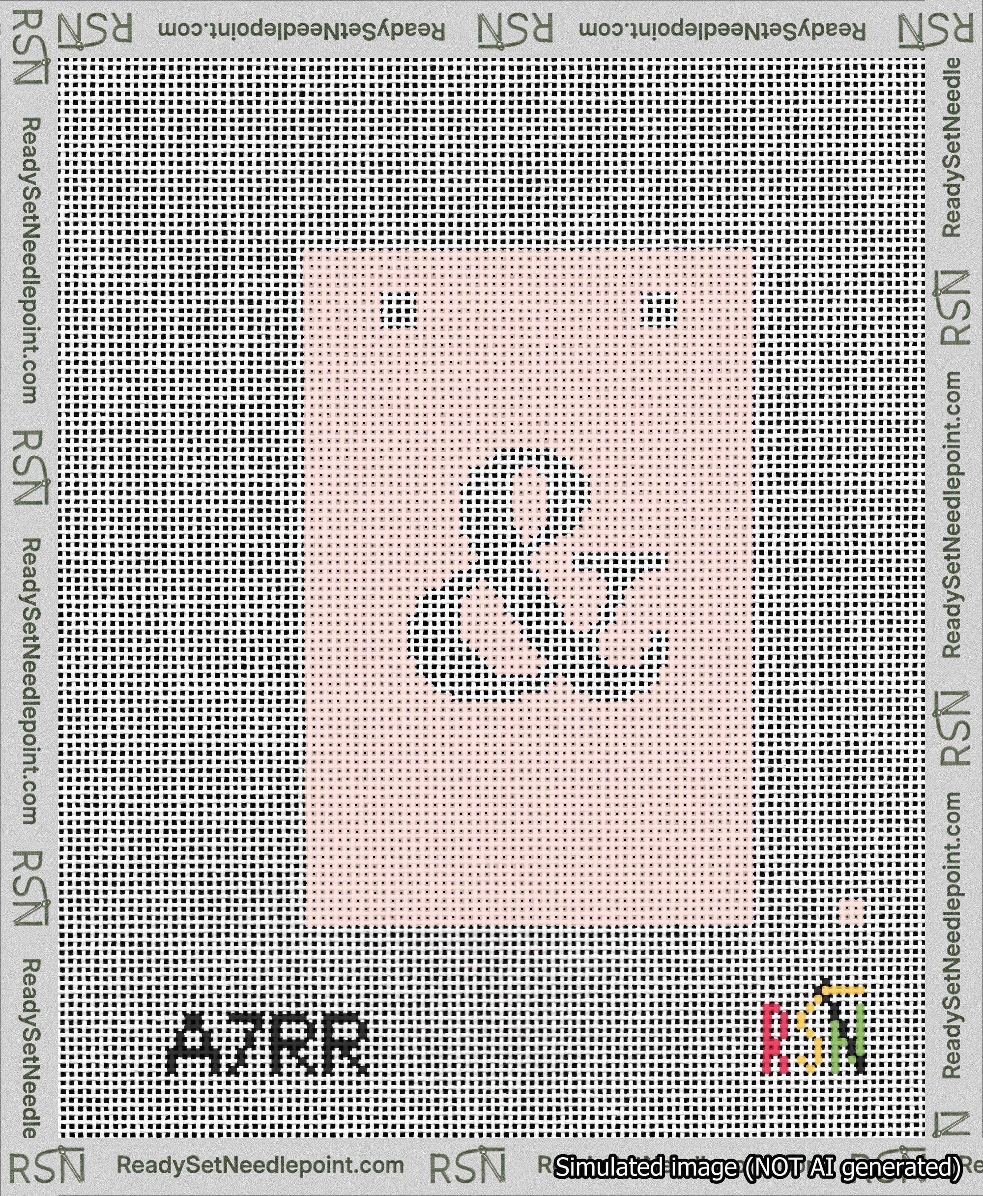 A taped needlepoint canvas with the design: Banner 13 mesh count Squared Ampersand White on Pink.