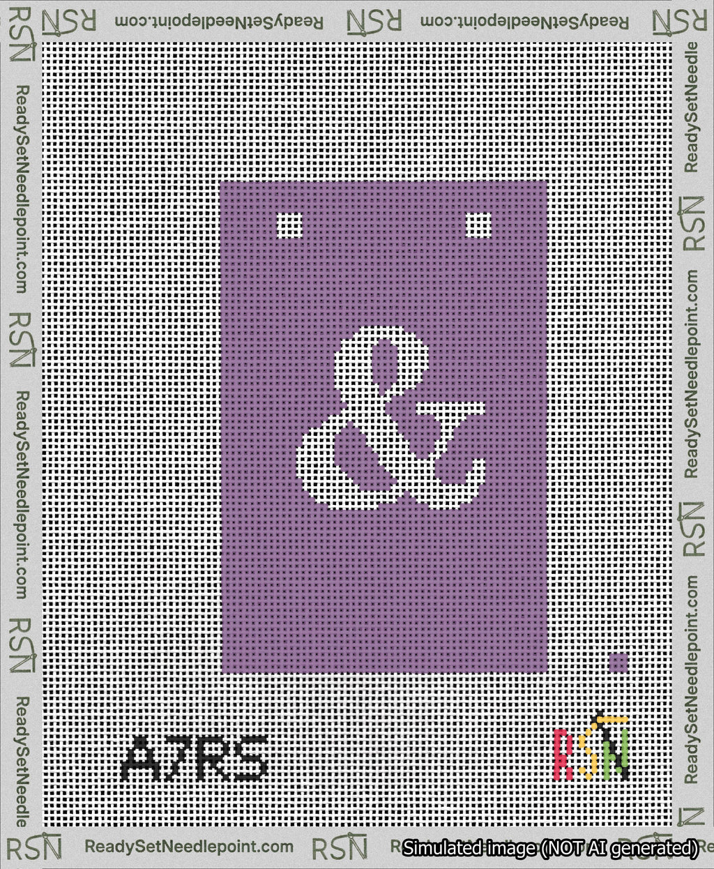A taped needlepoint canvas with the design: Banner 13 mesh count Squared Ampersand White on Purple.