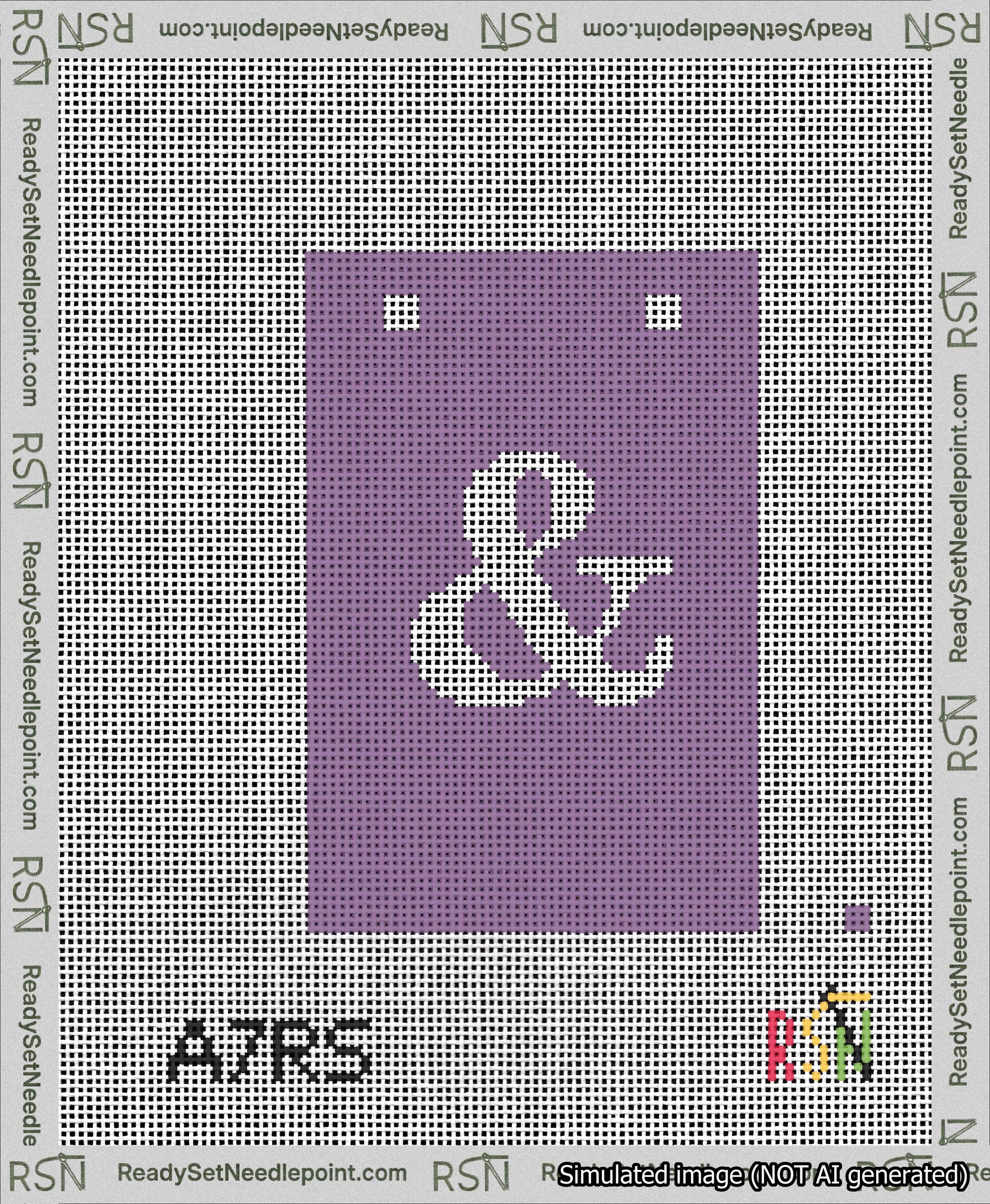 A taped needlepoint canvas with the design: Banner 13 mesh count Squared Ampersand White on Purple.