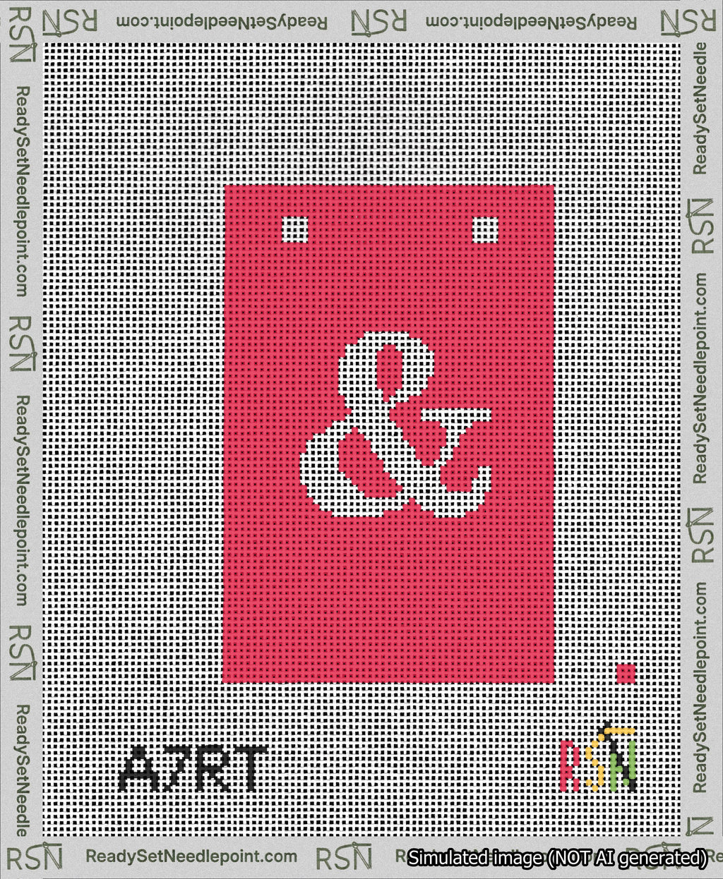A taped needlepoint canvas with the design: Banner 13 mesh count Squared Ampersand White on Red.