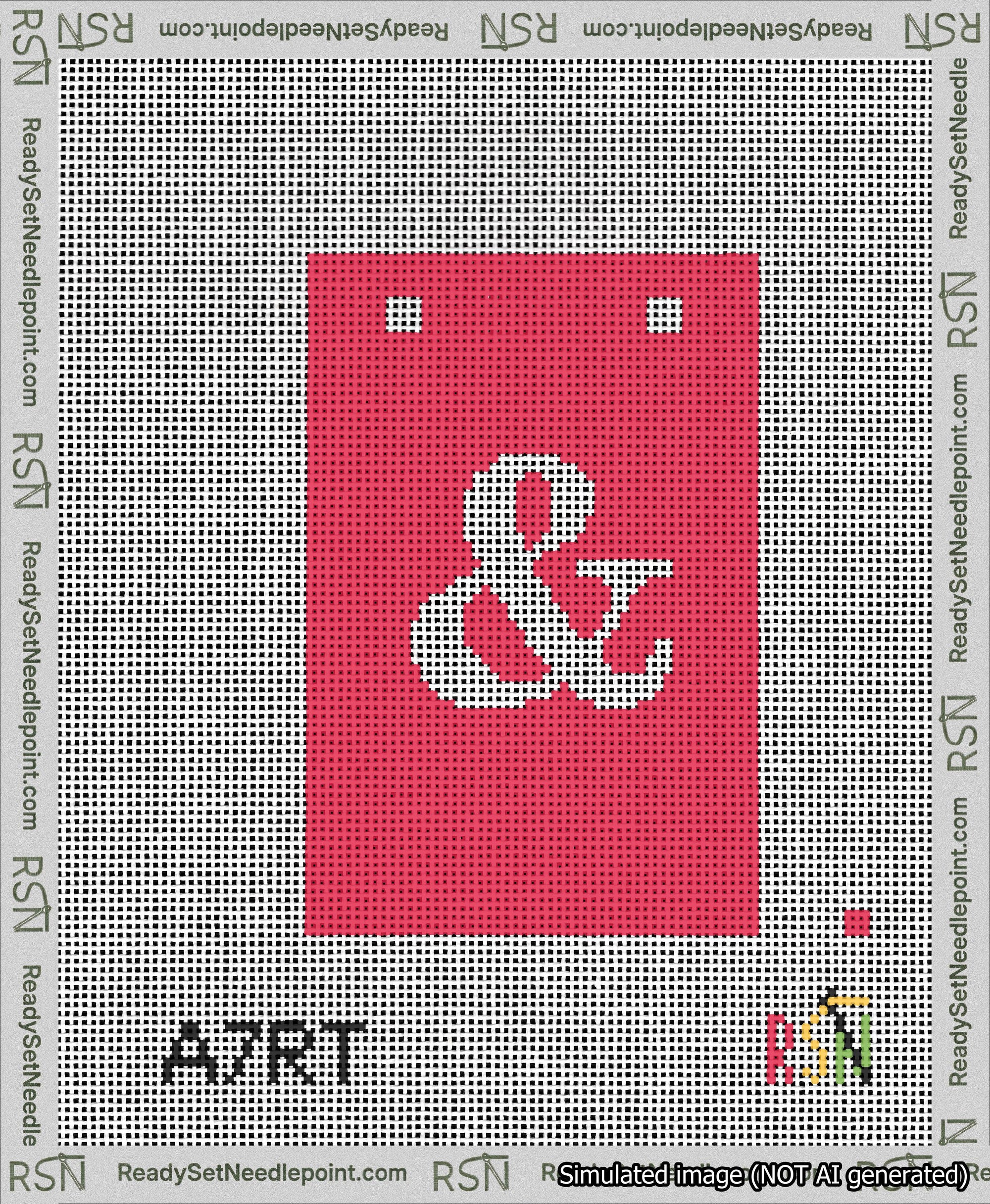 A taped needlepoint canvas with the design: Banner 13 mesh count Squared Ampersand White on Red.