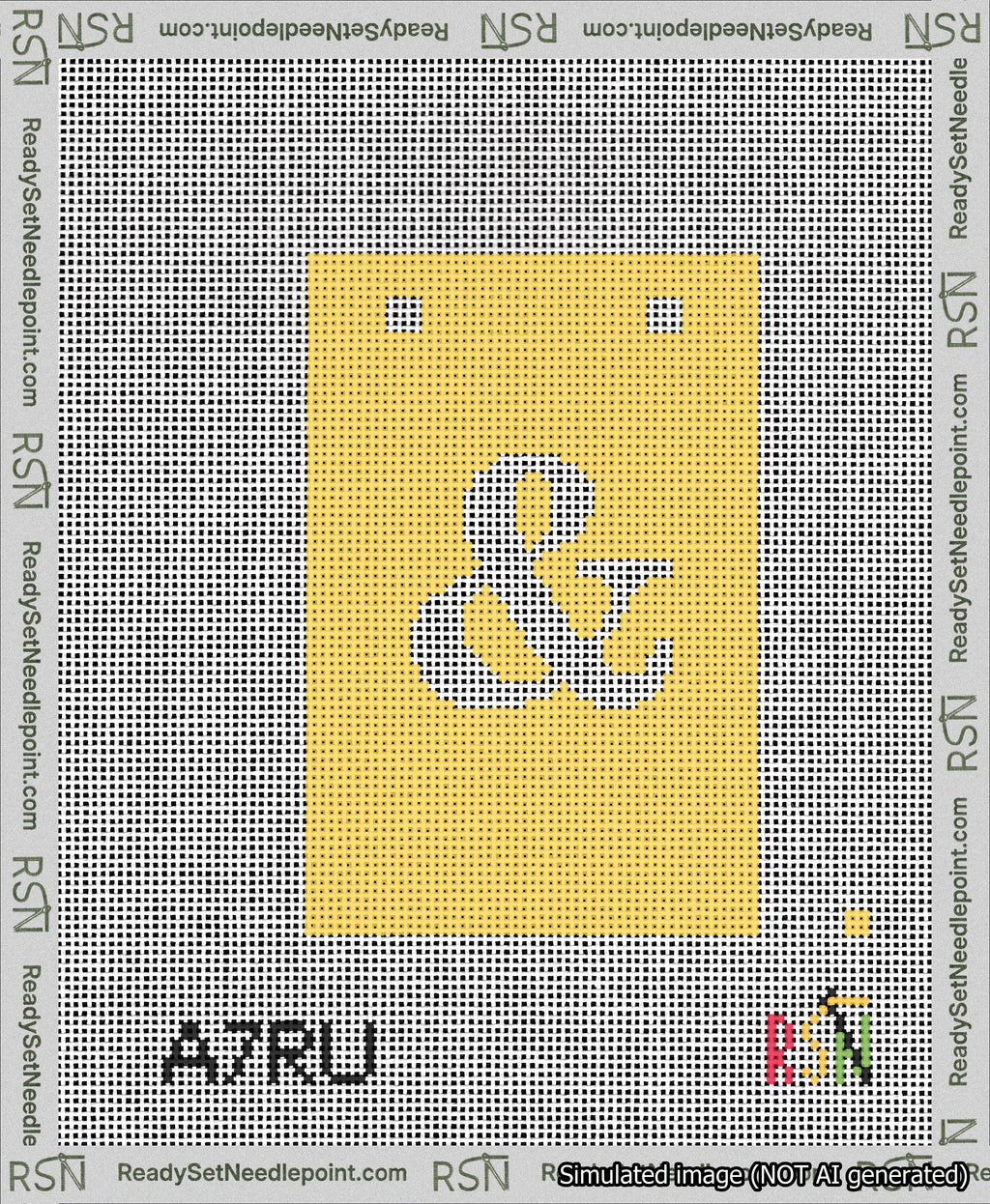 A taped needlepoint canvas with the design: Banner 13 mesh count Squared Ampersand White on Yellow.