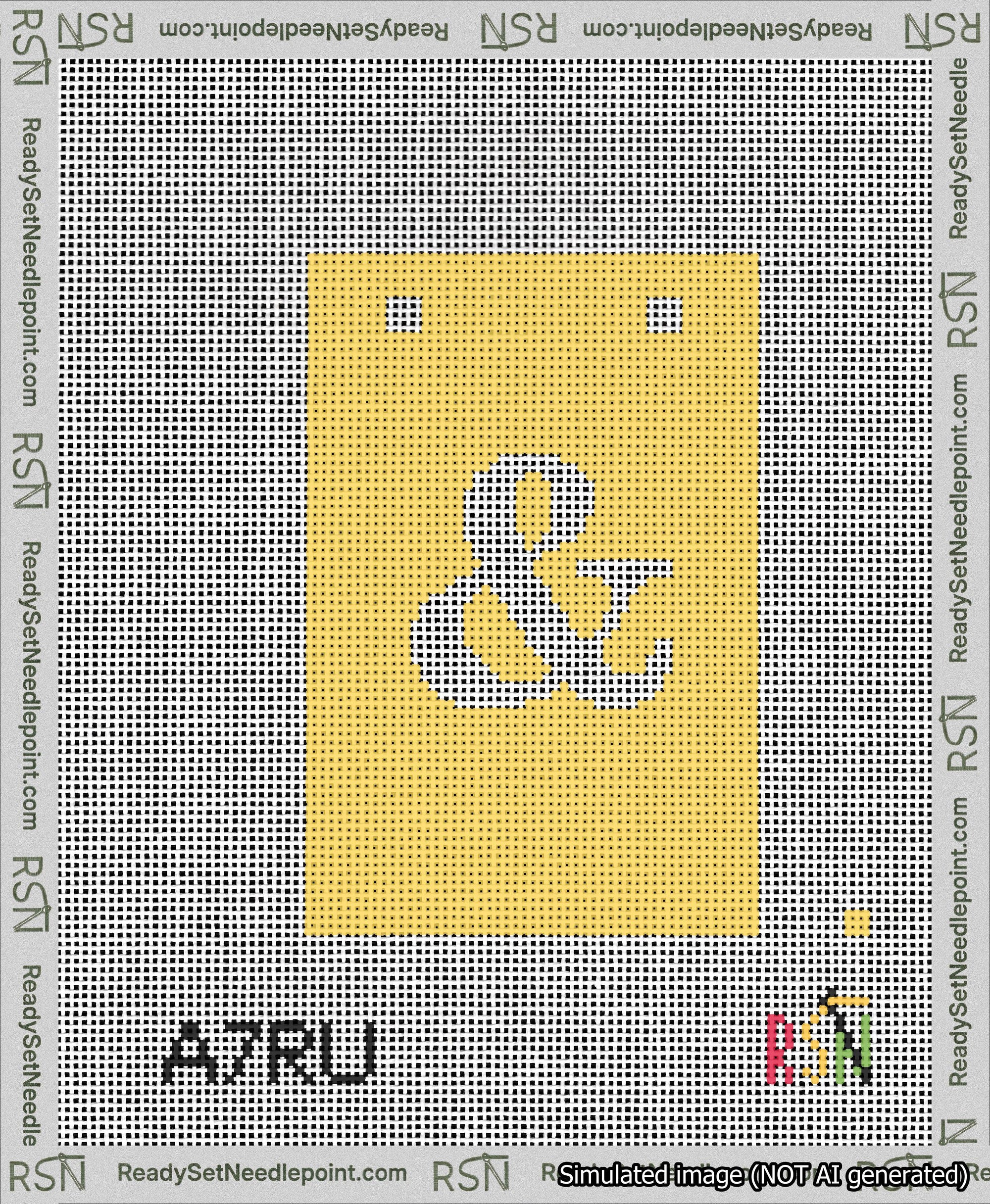A taped needlepoint canvas with the design: Banner 13 mesh count Squared Ampersand White on Yellow.