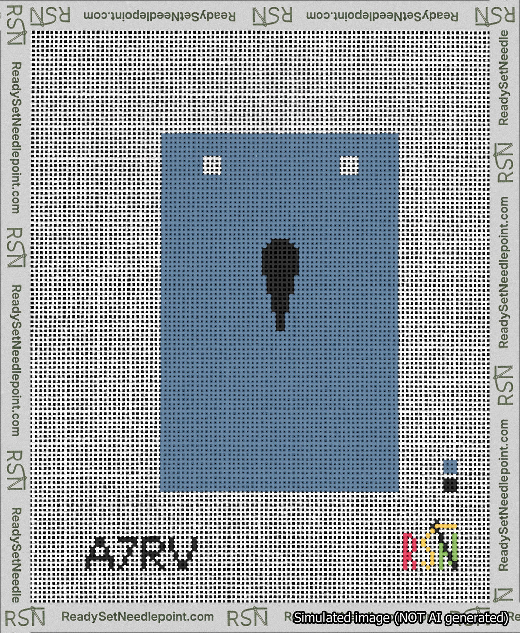 A taped needlepoint canvas with the design: Banner 13 mesh count Squared Apostrophe Black on Blue.