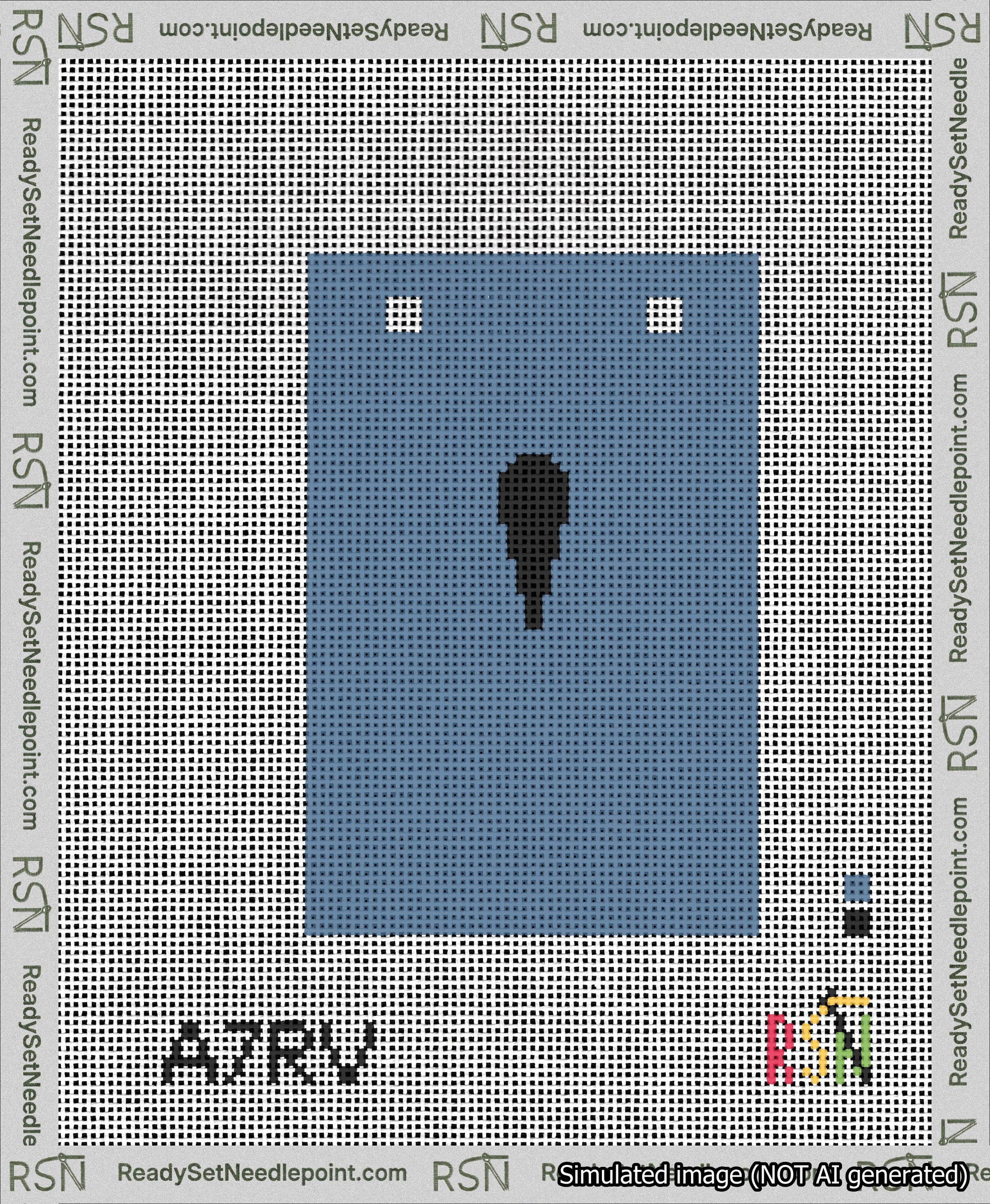 A taped needlepoint canvas with the design: Banner 13 mesh count Squared Apostrophe Black on Blue.