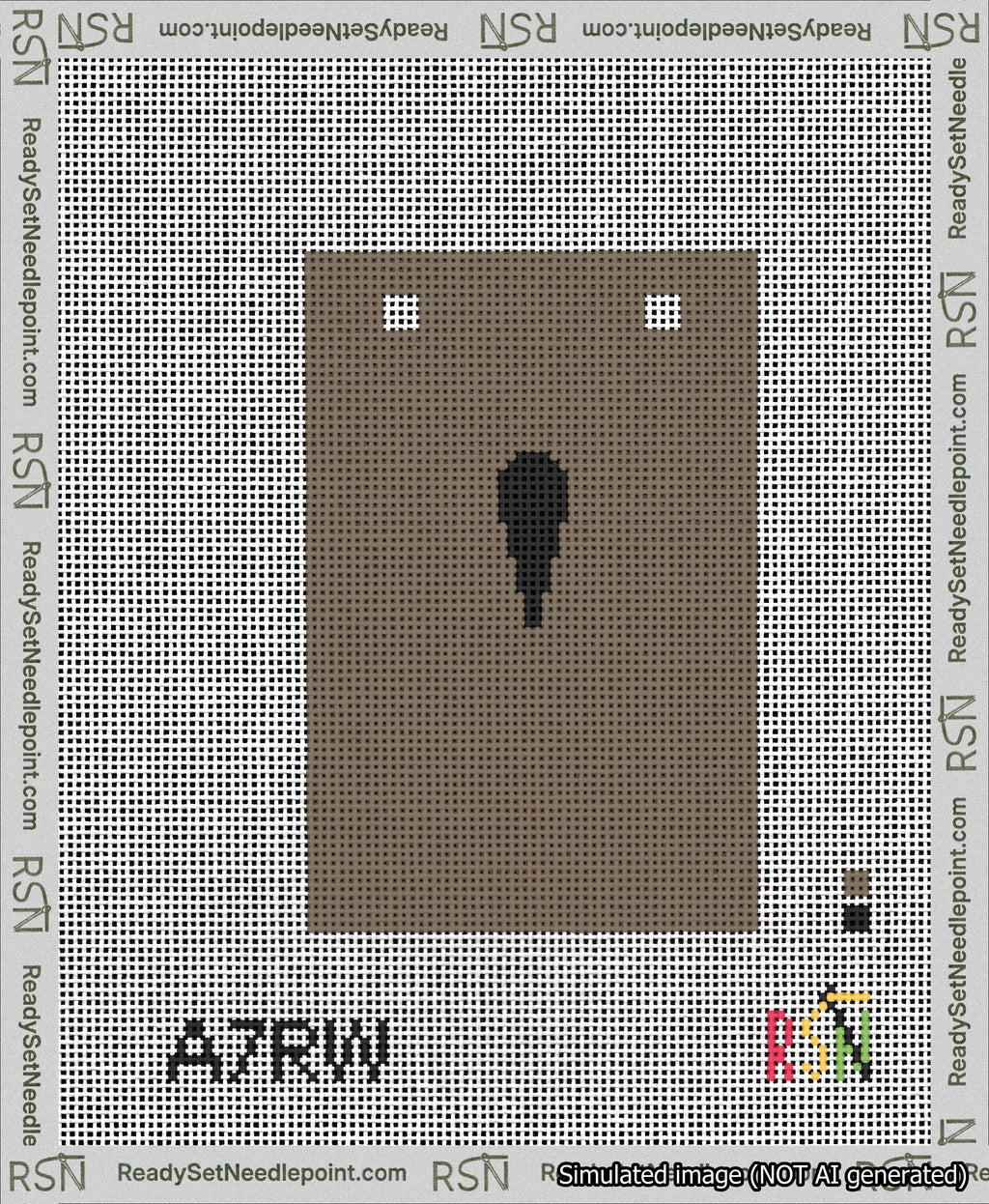 A taped needlepoint canvas with the design: Banner 13 mesh count Squared Apostrophe Black on Brown.