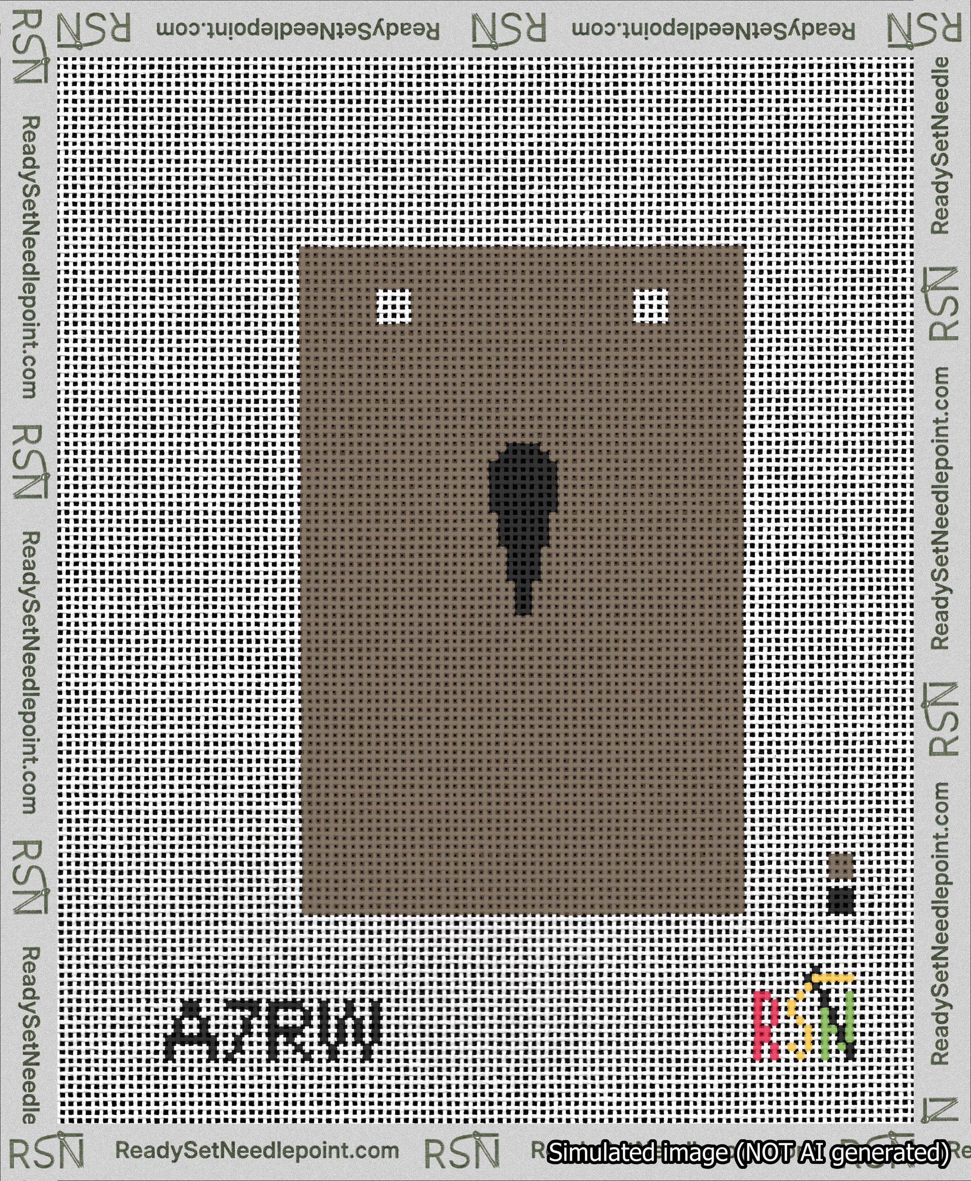 A taped needlepoint canvas with the design: Banner 13 mesh count Squared Apostrophe Black on Brown.