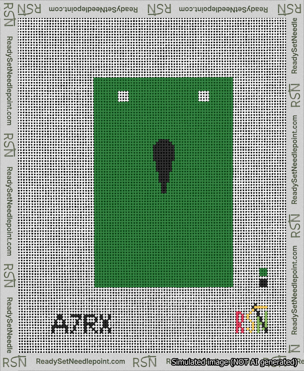 A taped needlepoint canvas with the design: Banner 13 mesh count Squared Apostrophe Black on Green.