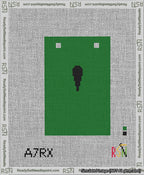 A taped needlepoint canvas with the design: Banner 13 mesh count Squared Apostrophe Black on Green.