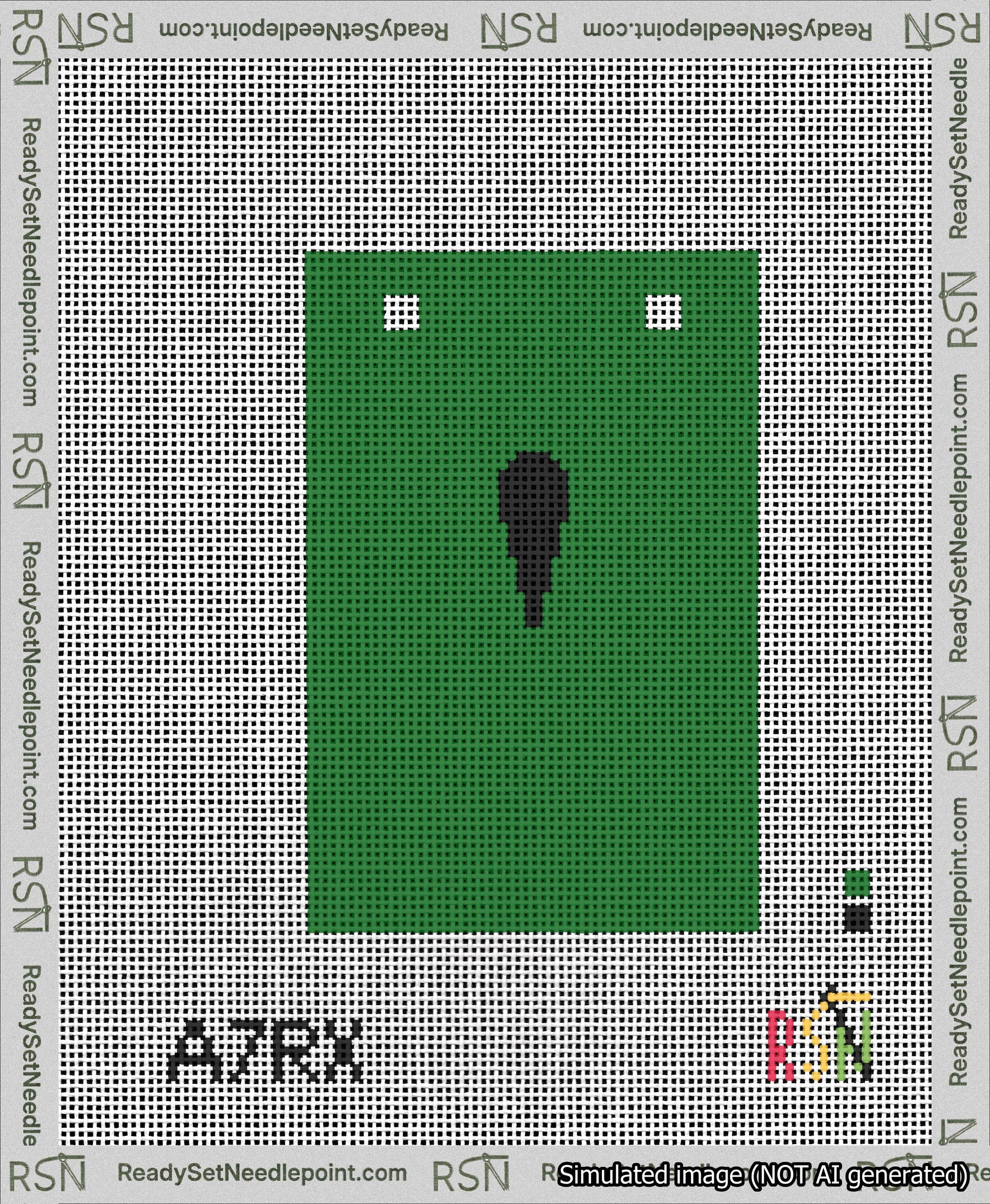 A taped needlepoint canvas with the design: Banner 13 mesh count Squared Apostrophe Black on Green.