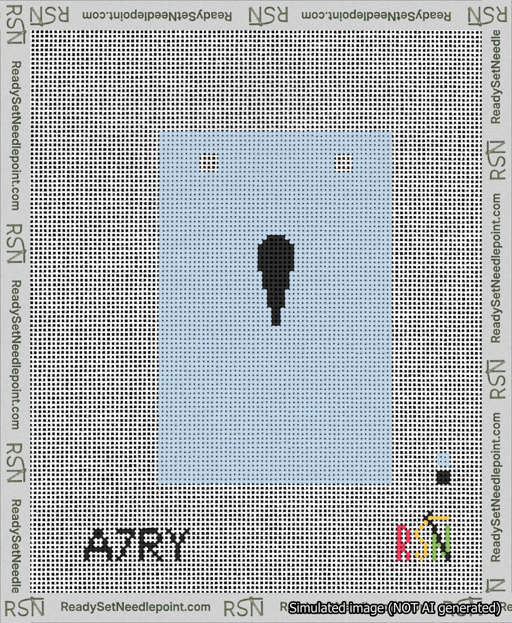 A taped needlepoint canvas with the design: Banner 13 mesh count Squared Apostrophe Black on Light Blue.