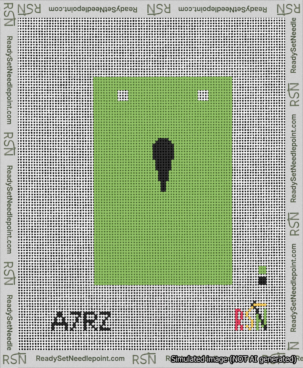 A taped needlepoint canvas with the design: Banner 13 mesh count Squared Apostrophe Black on Light Green.