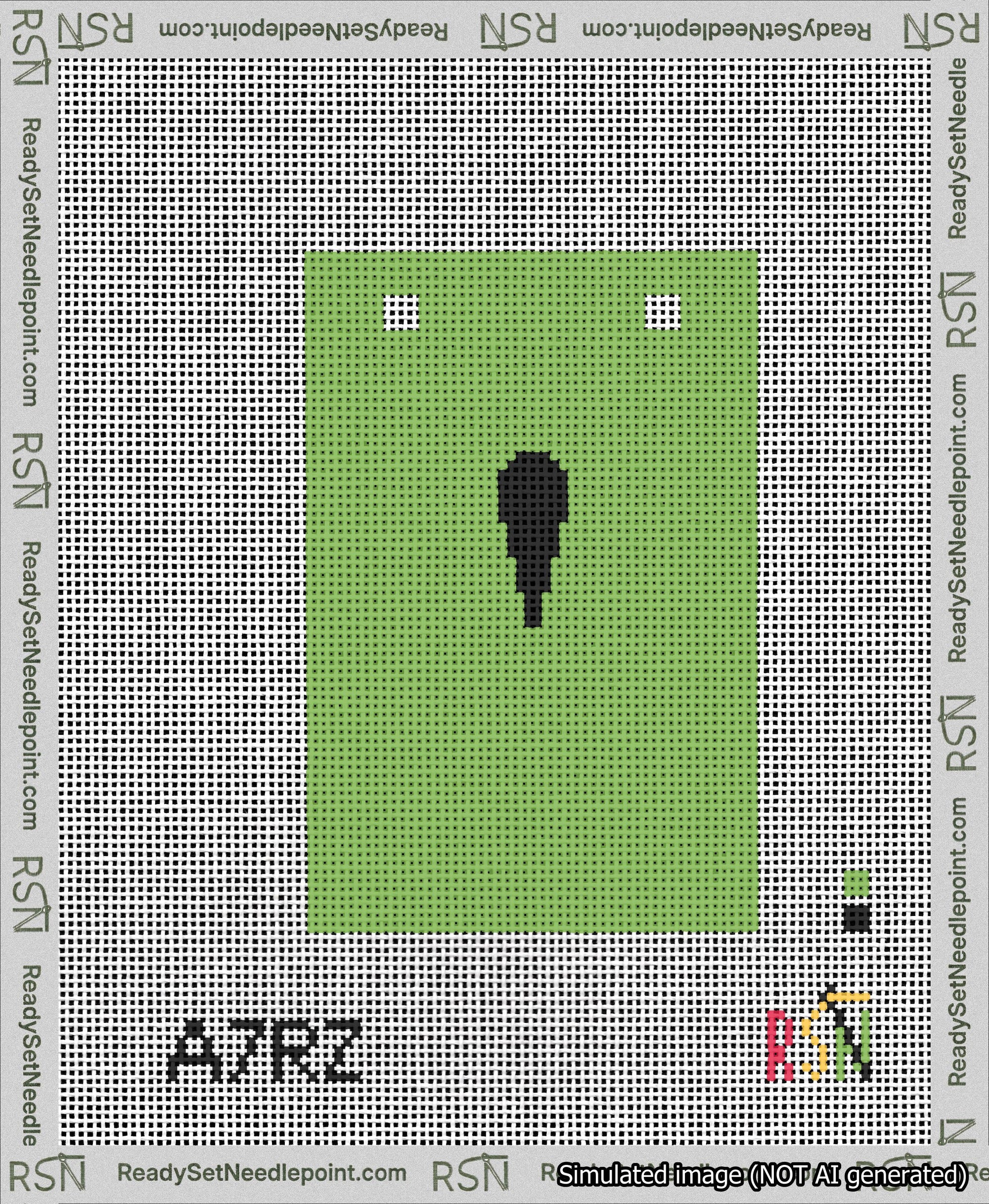 A taped needlepoint canvas with the design: Banner 13 mesh count Squared Apostrophe Black on Light Green.