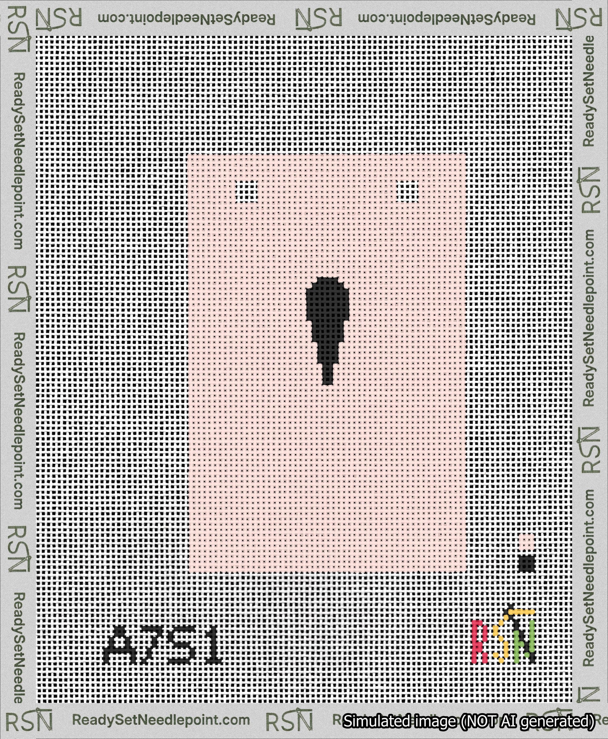 A taped needlepoint canvas with the design: Banner 13 mesh count Squared Apostrophe Black on Pink.