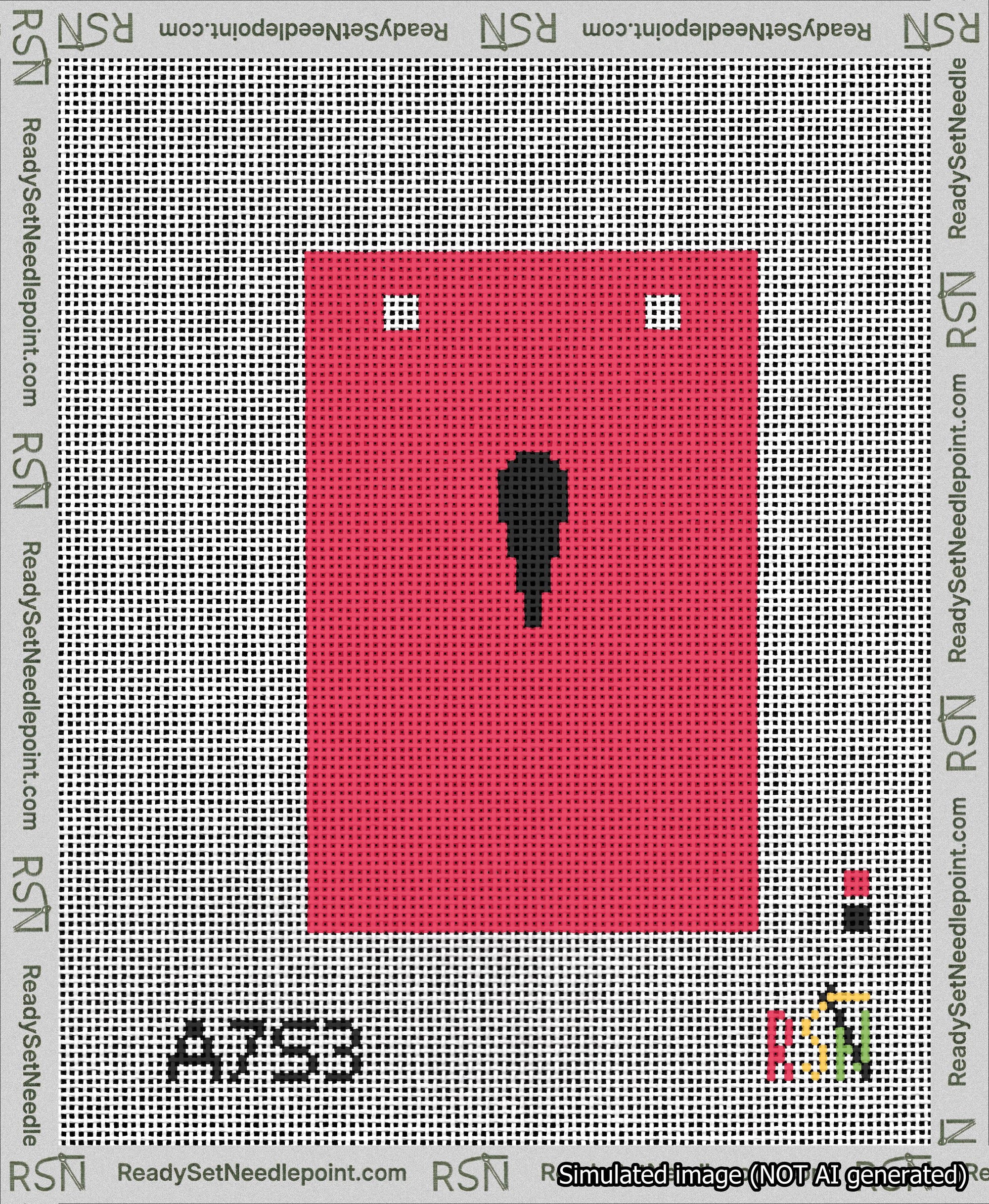 A taped needlepoint canvas with the design: Banner 13 mesh count Squared Apostrophe Black on Red.